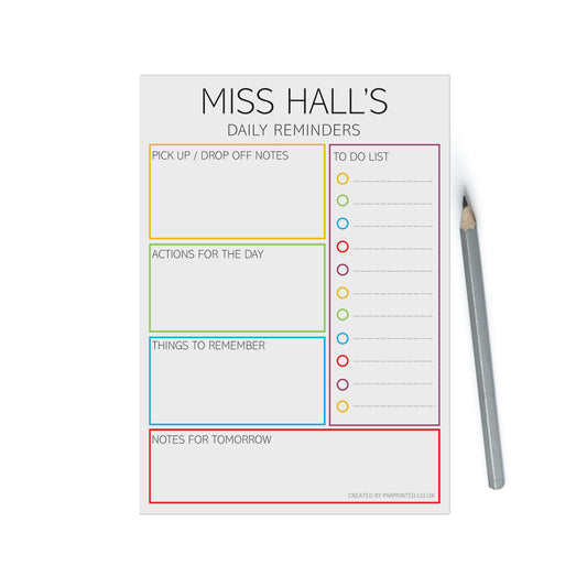 Teacher Daily Planner, A5 With 50 Undated Tear Off Pages, Personalised Productivity Organiser Notepad