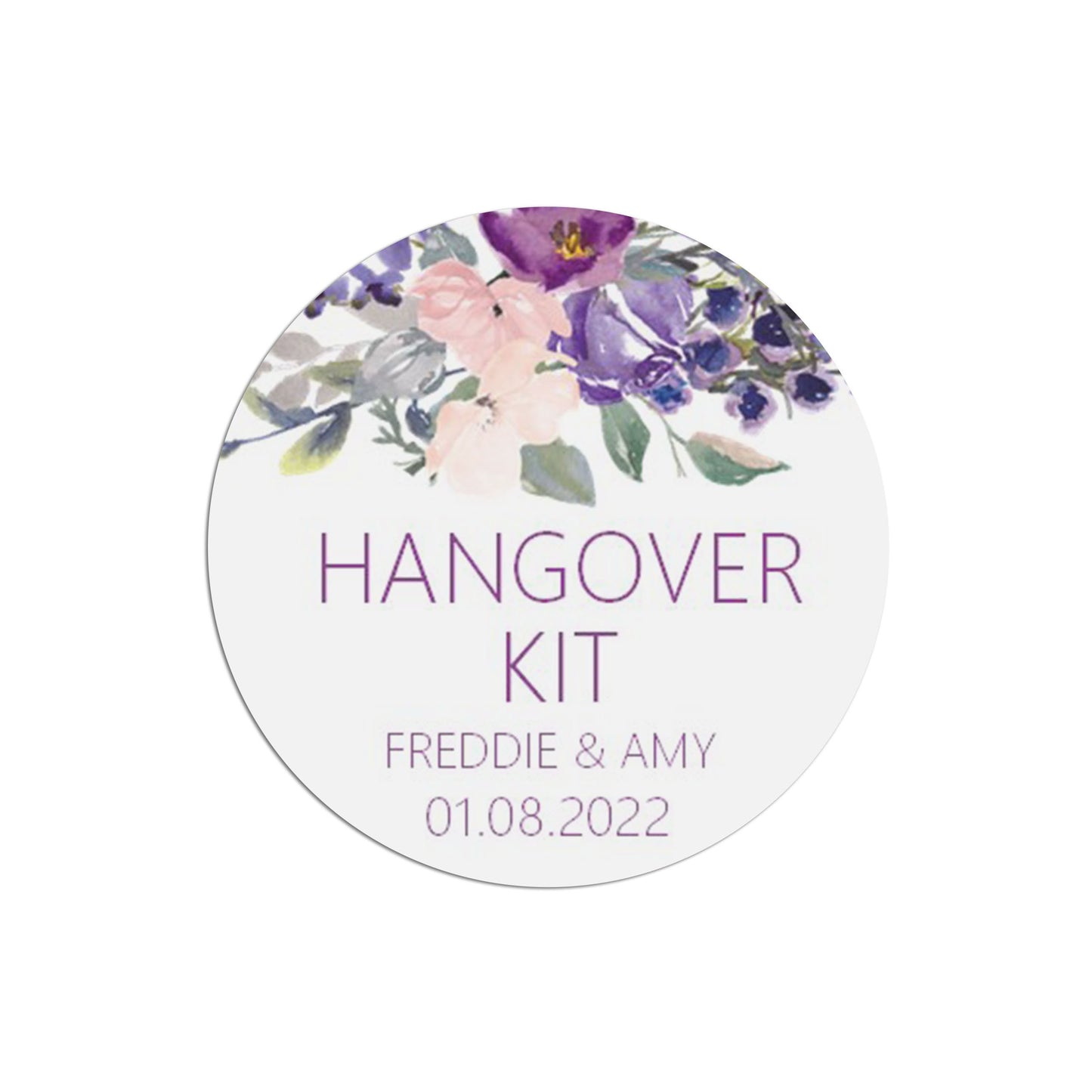 Hangover Kit Wedding Stickers, Purple Floral 37mm Round x 35 Stickers Per Sheet, Personalised At Bottom