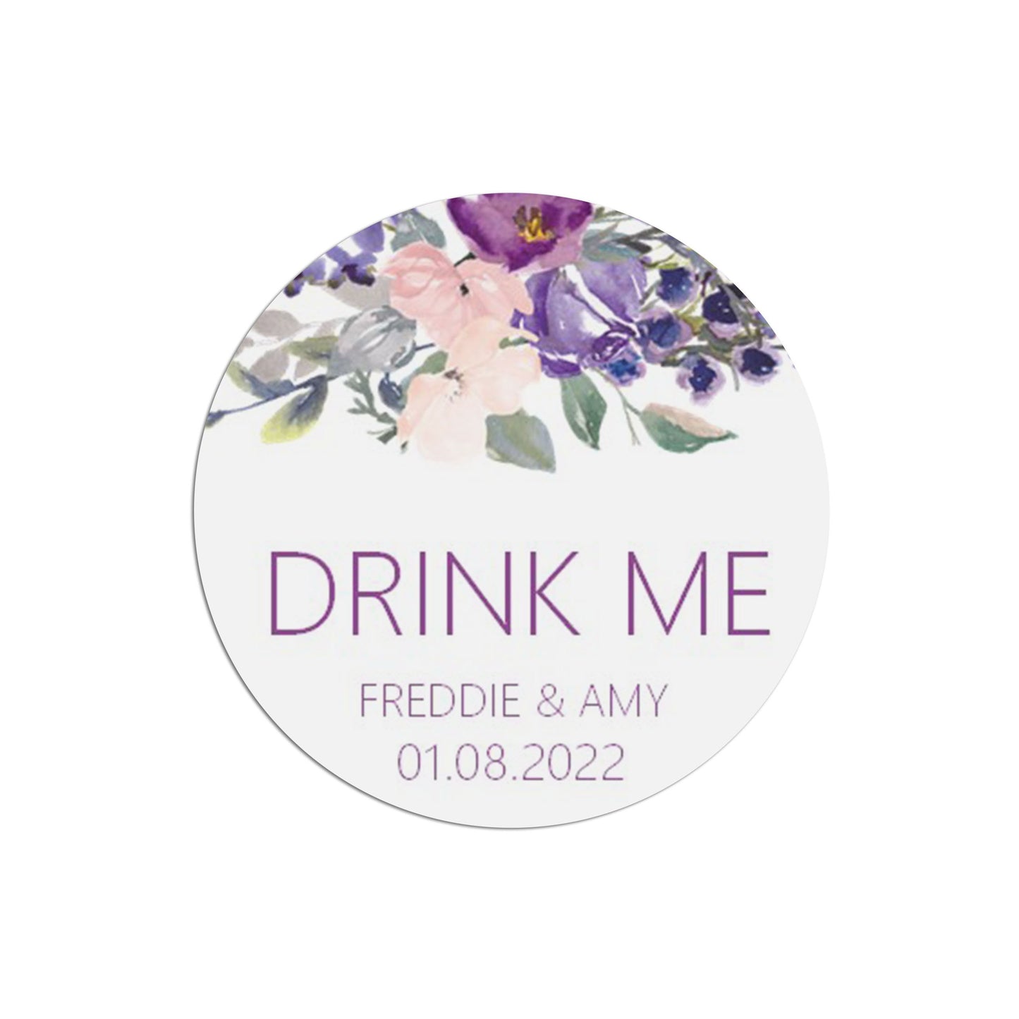 Drink Me Wedding Stickers, Purple Floral 37mm Round x 35 Stickers Per Sheet, Personalised At Bottom