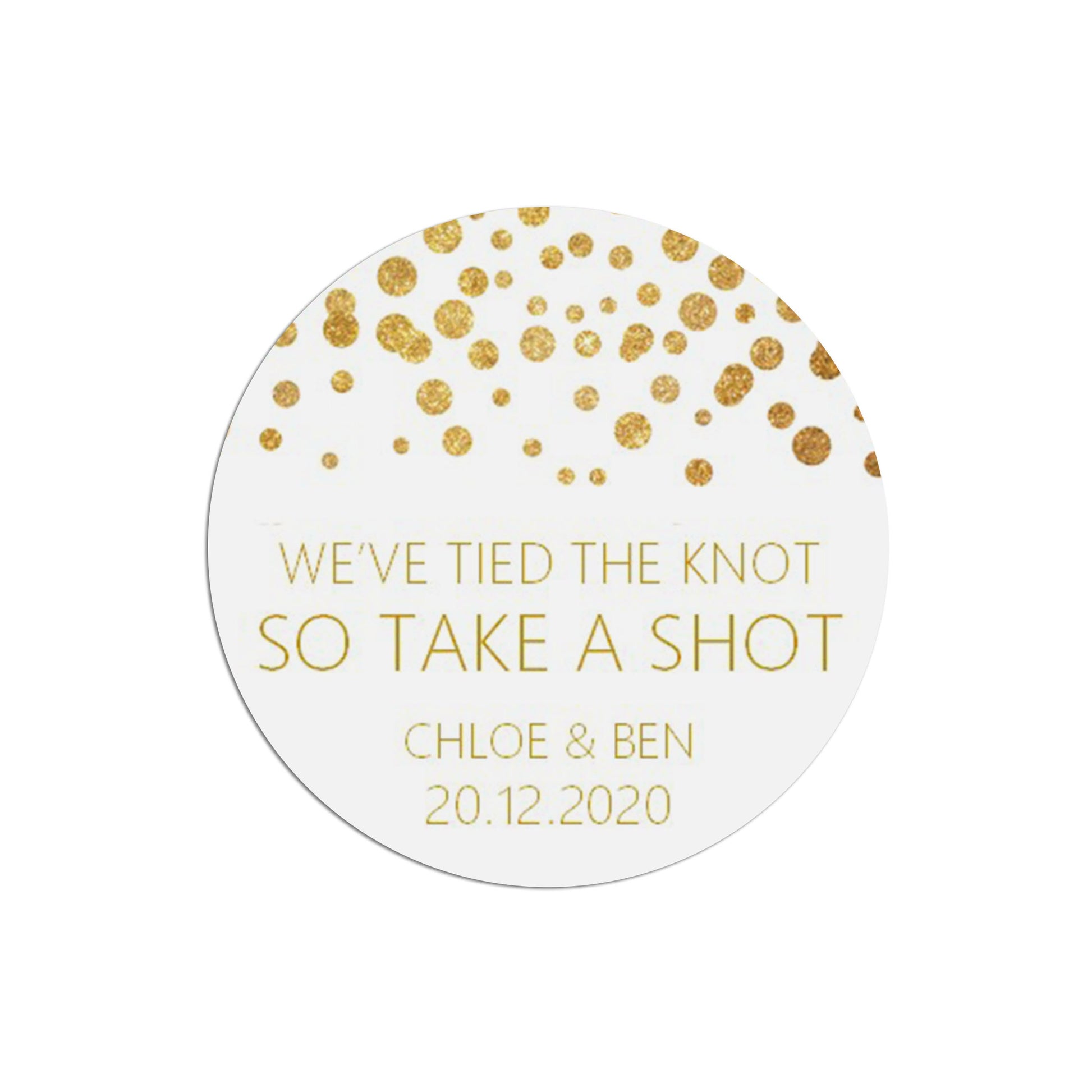 Take A Shot Wedding Stickers, Gold Effect 37mm Round Personalised x 35 Stickers Per Sheet