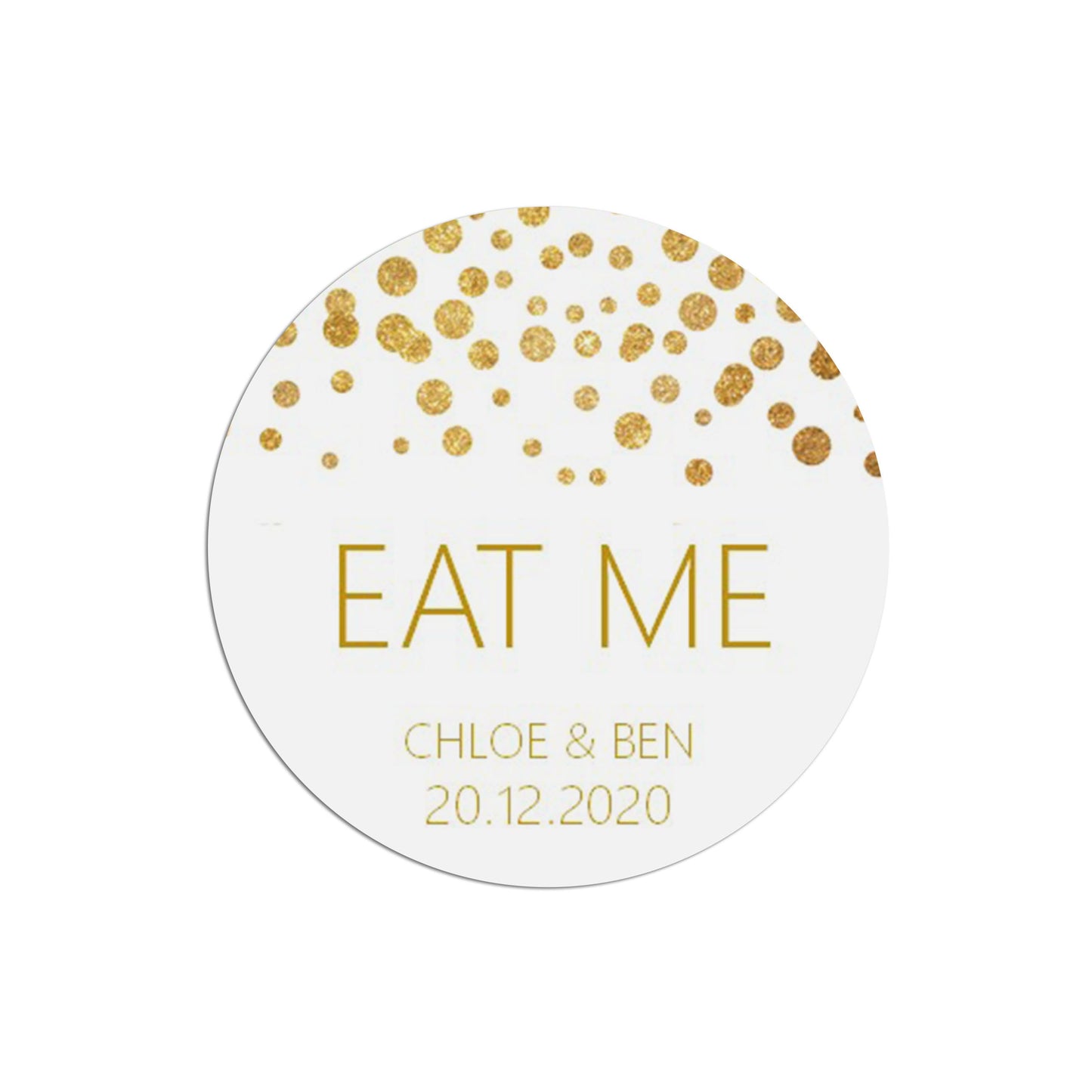 Eat Me Wedding Stickers, Gold Effect 37mm Round Personalised x 35 Stickers Per Sheet