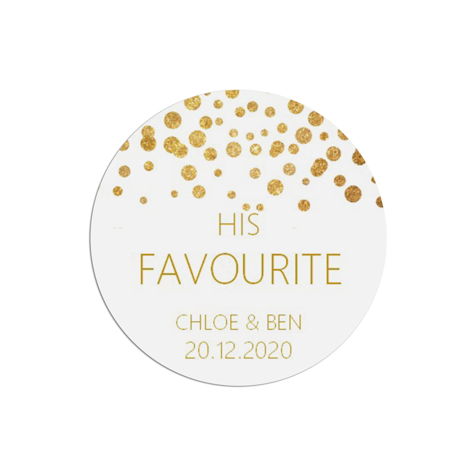 His Favourite Wedding Stickers, Gold Effect 37mm Round Personalised x 35 Stickers Per Sheet