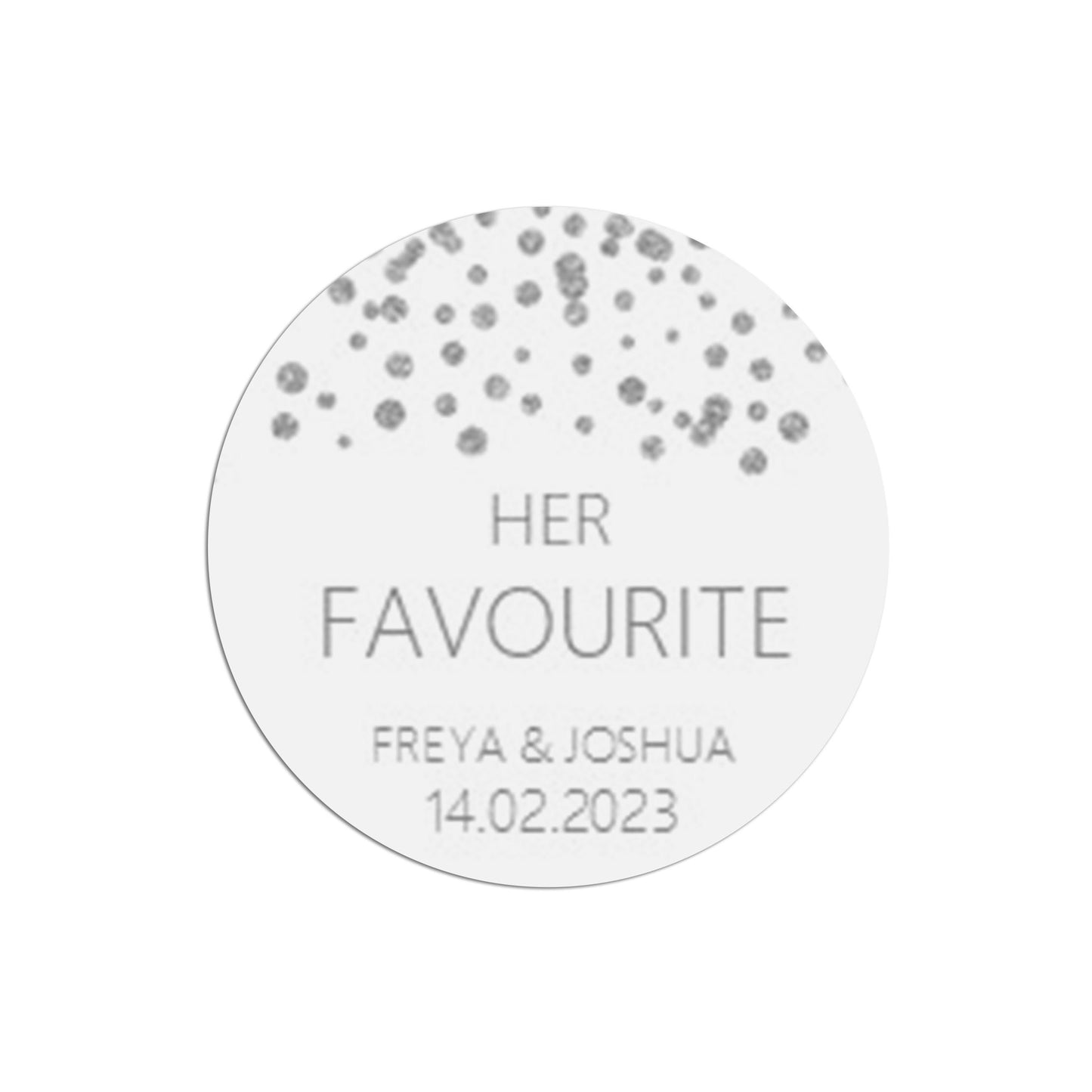 Her Favourite Wedding Stickers, Silver Effect 37mm Round x 35 Stickers Per Sheet, Personalised At Bottom