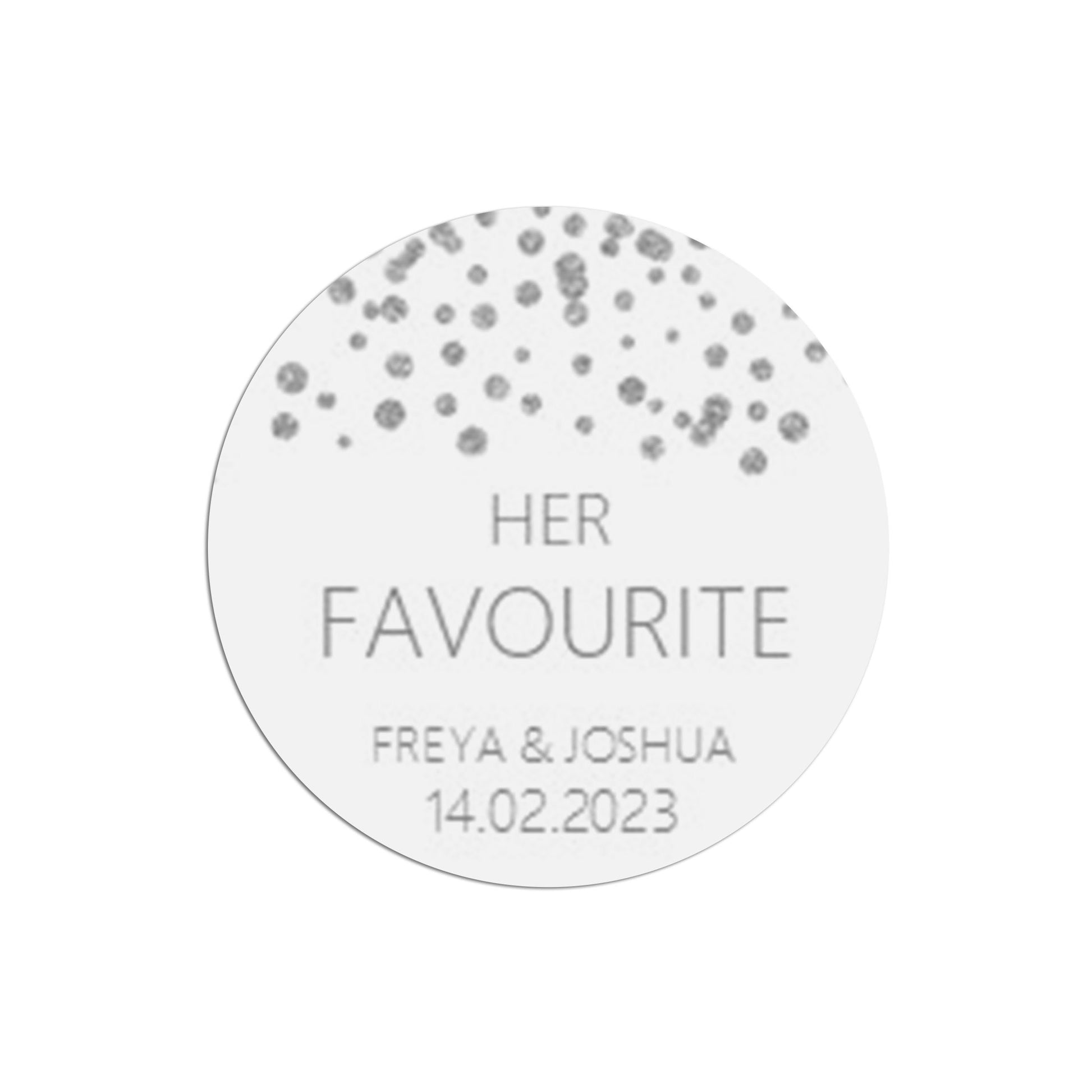 Her Favourite Wedding Stickers, Silver Effect 37mm Round x 35 Stickers Per Sheet, Personalised At Bottom