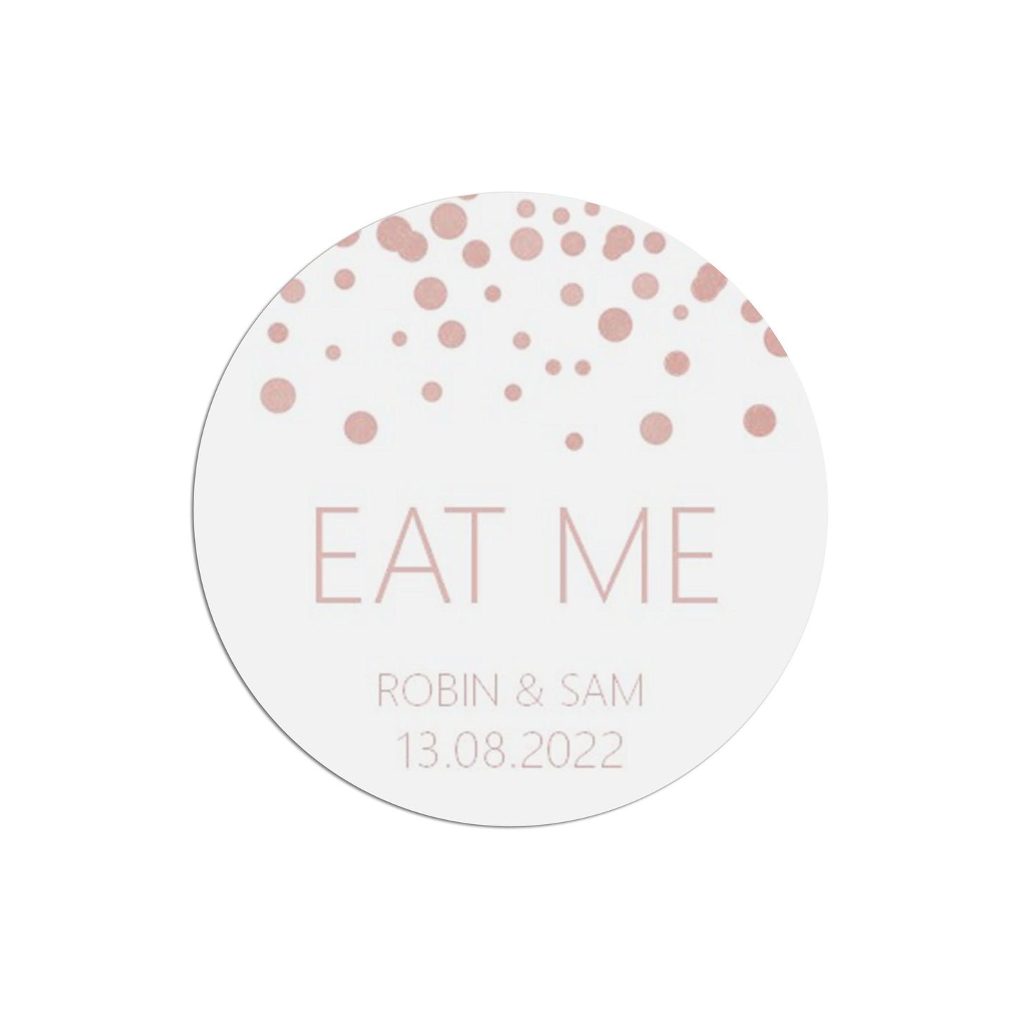 Eat Me Wedding Stickers, Blush Confetti 37mm Round Personalised x 35 Stickers Per Sheet