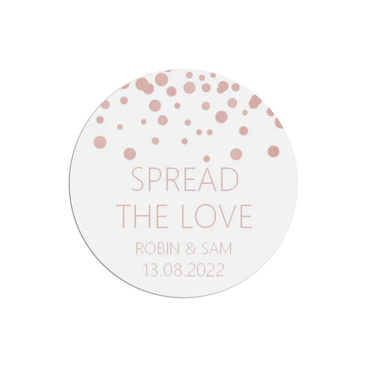Spread The Love Wedding Stickers, Blush Confetti 37mm Round Personalised x 35 Stickers Per Sheet