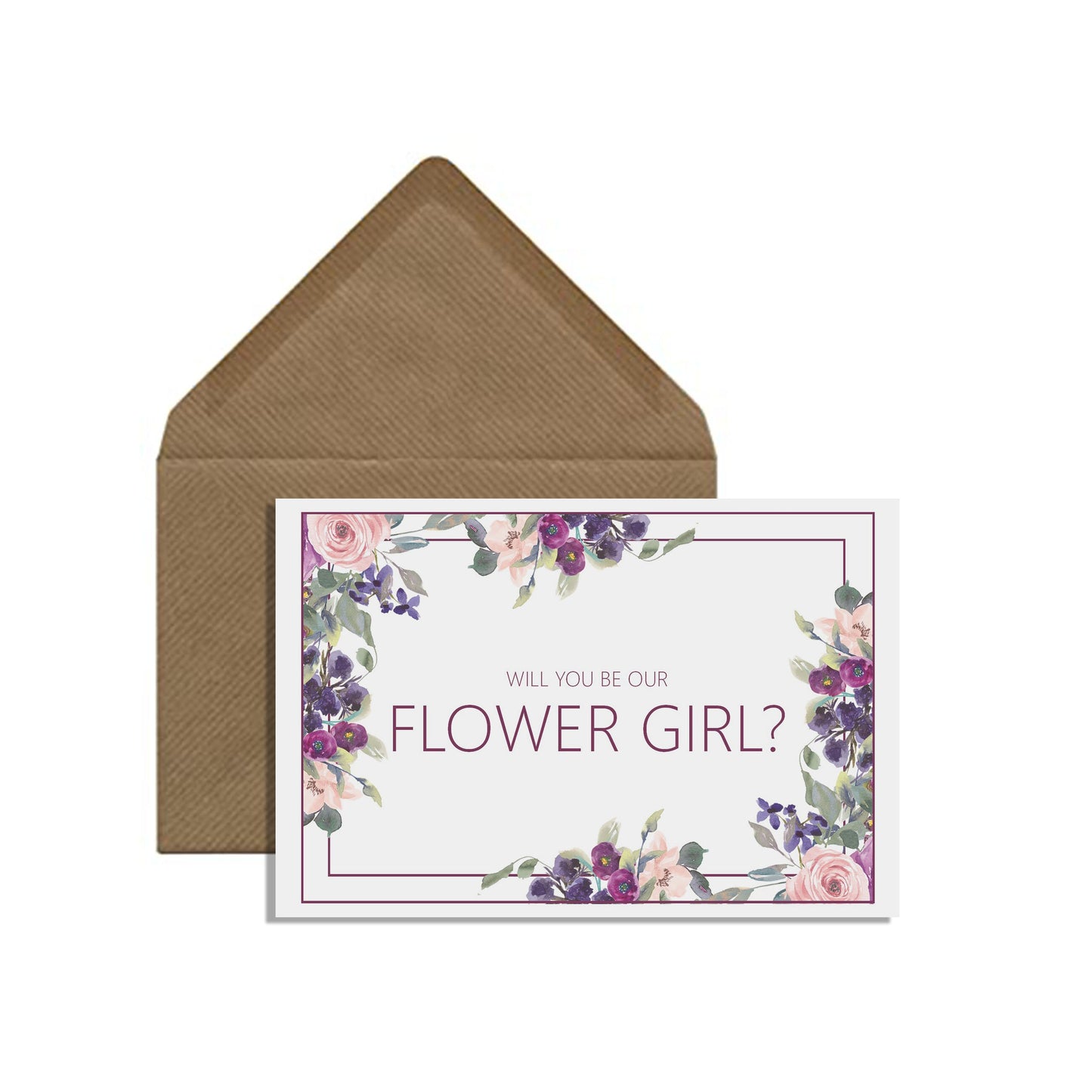 Will You Be Our Flower Girl? Proposal Card, A6 Purple Floral With A Kraft Envelope