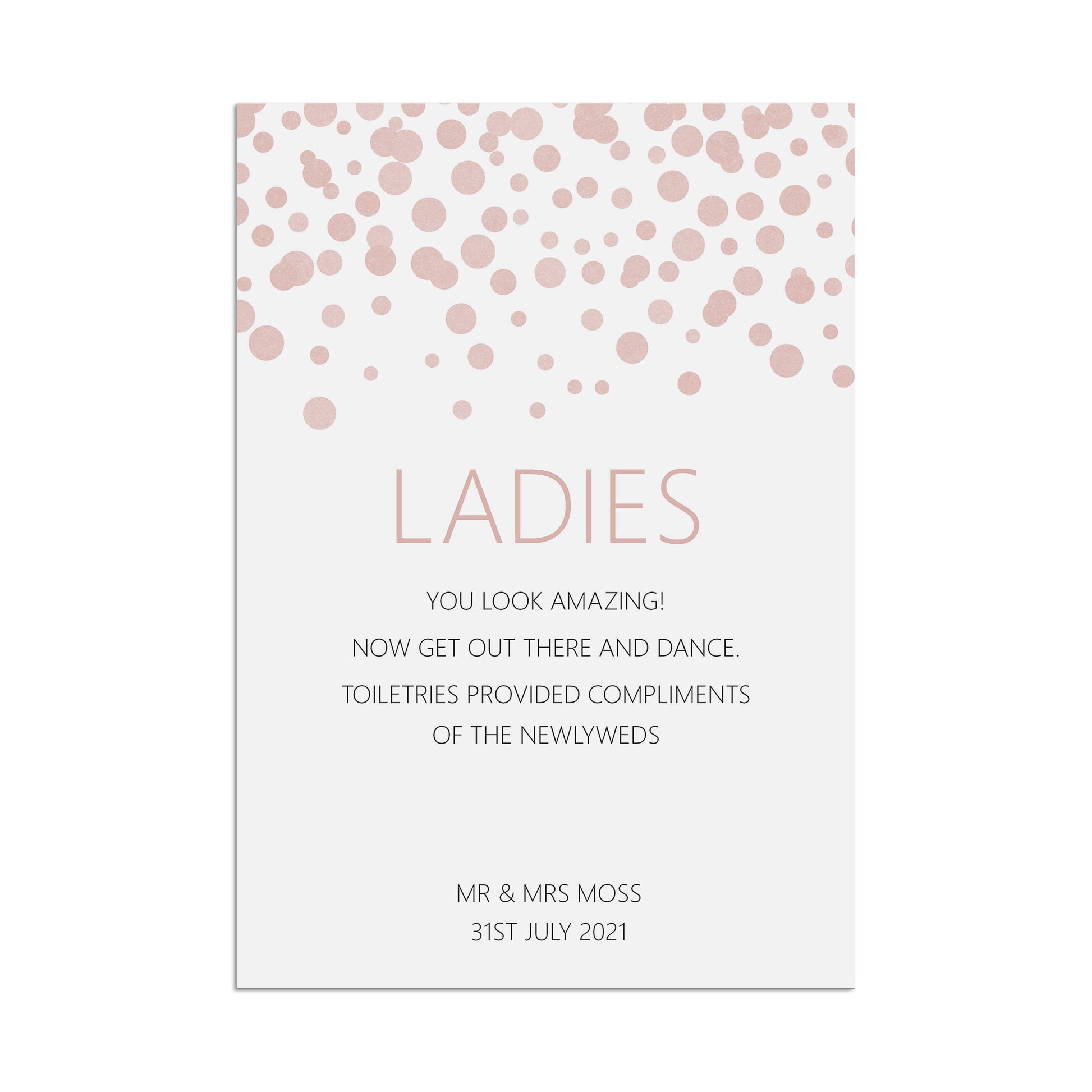 Ladies Toiletries Wedding Sign, Blush Confetti Personalised A5, A4, Or A3