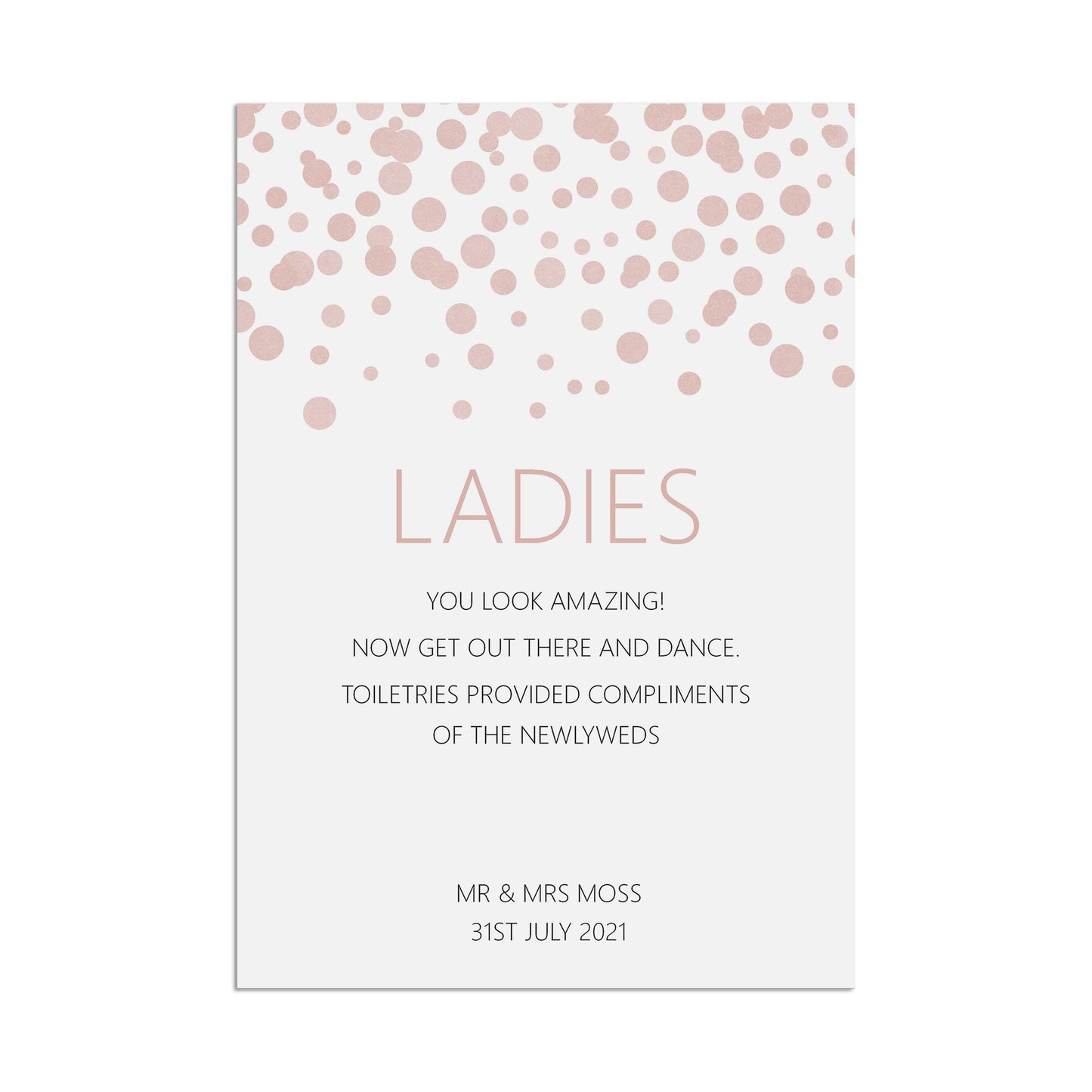 Ladies Toiletries Wedding Sign, Blush Confetti Personalised A5, A4, Or A3