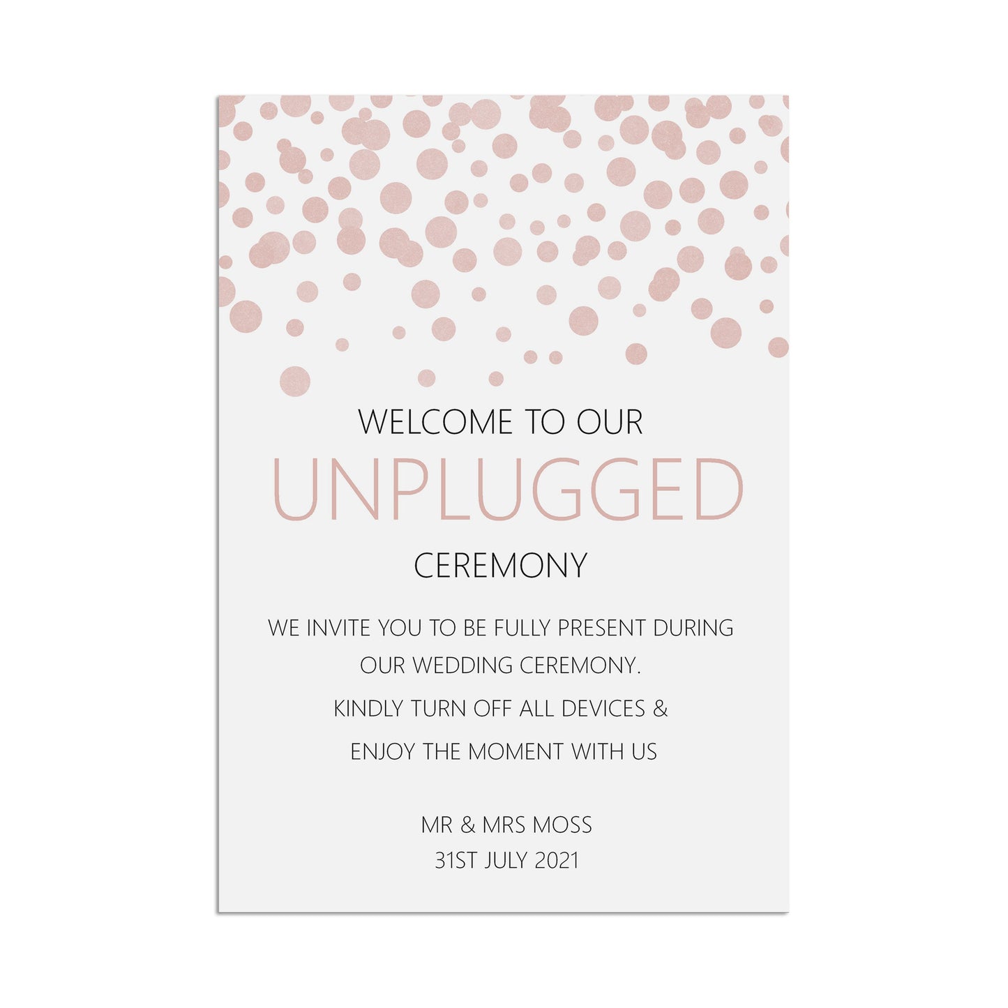 Unplugged Wedding Ceremony Sign, Blush Confetti Personalised A5, A4, Or A3