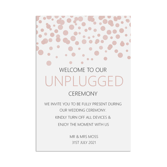 Unplugged Wedding Ceremony Sign, Blush Confetti Personalised A5, A4, Or A3