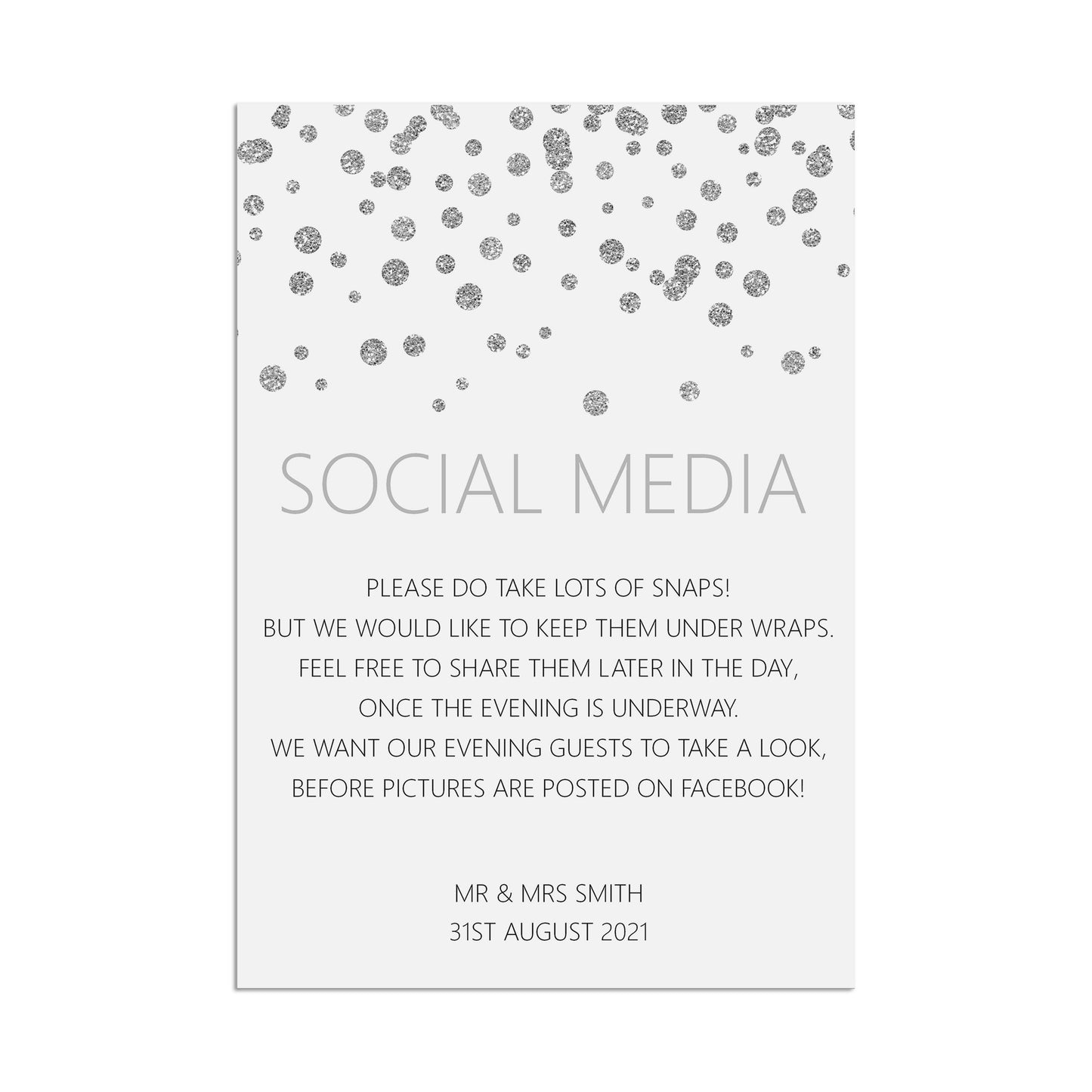 Social Media Wedding Sign, Silver Effect Personalised & Printed A5, A4 Or A3