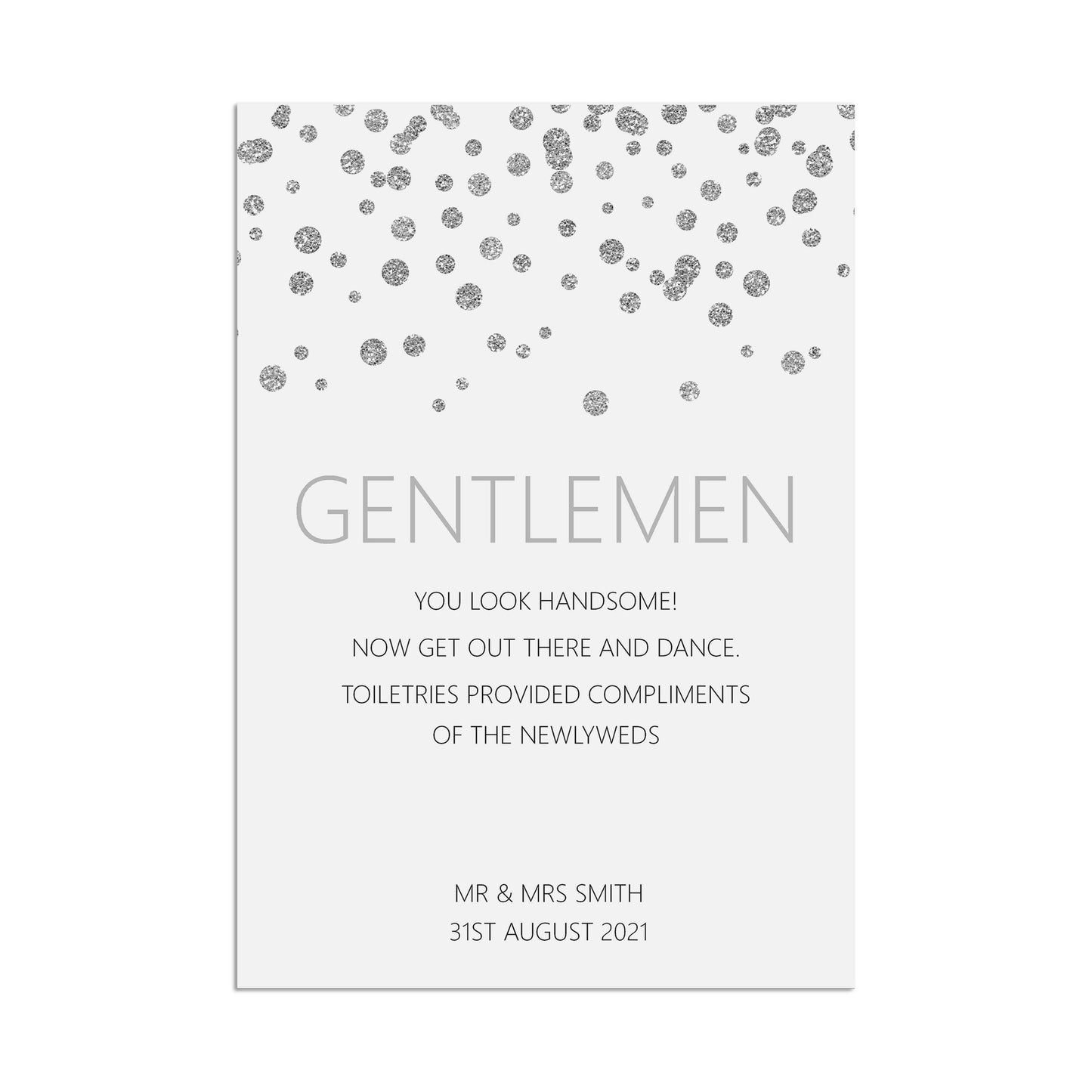 Gentlemen Bathroom Wedding Sign, Personalised Silver Effect A5, A4 Or A3 Sign