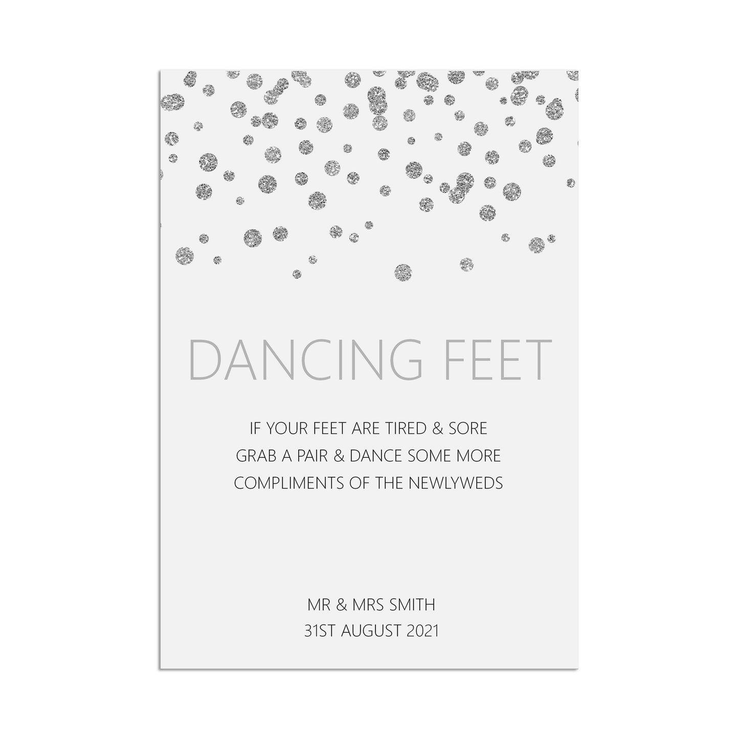 Dancing Feet Flip Flop Wedding Sign, Silver Effect Personalised & Printed A5, A4 Or A3