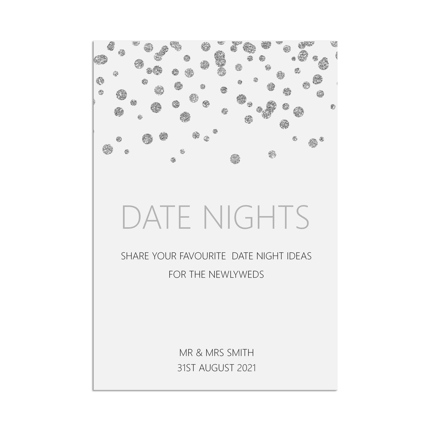Date Night Ideas Wedding Sign, Personalised Silver Effect A5, A4 Or A3 Sign