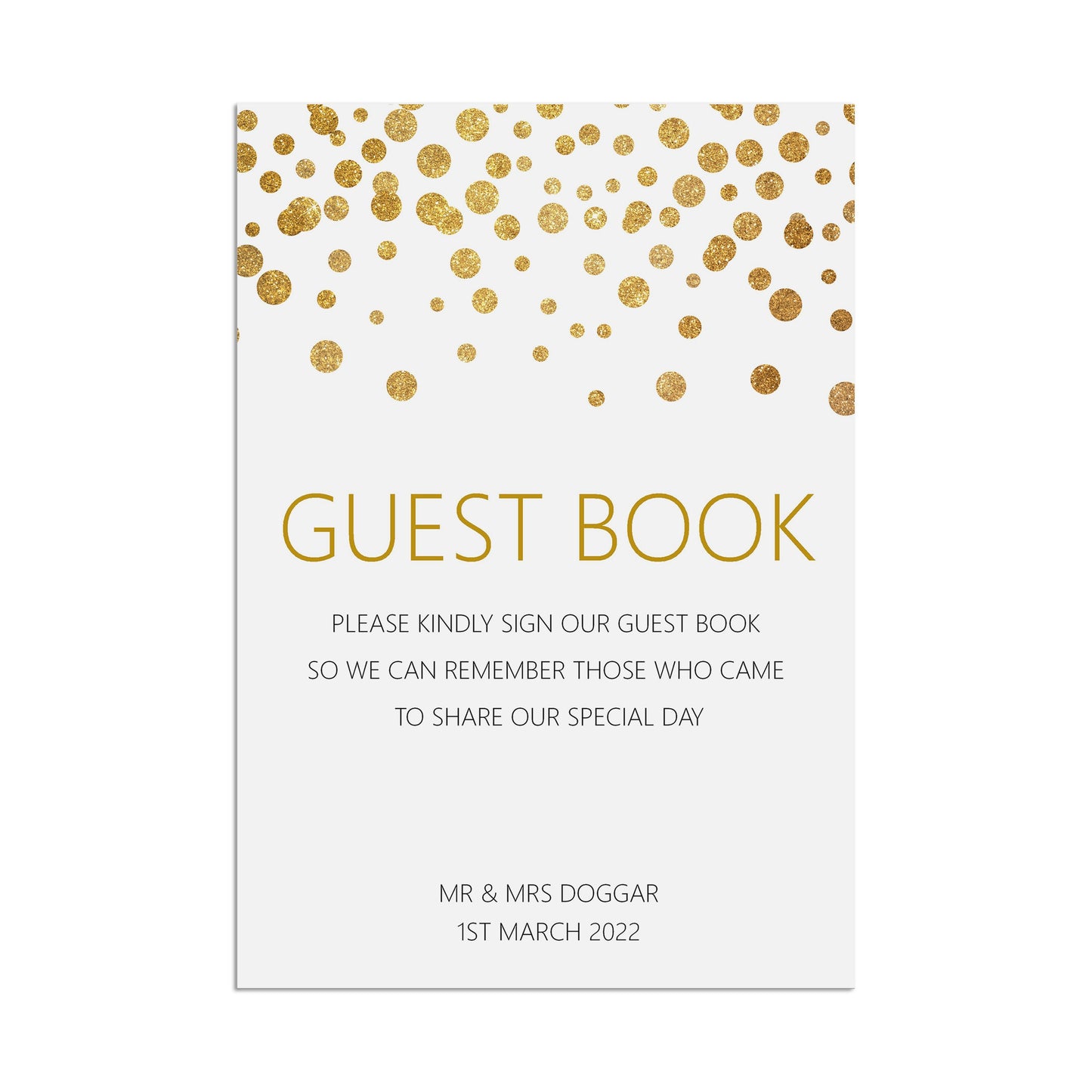 Guest Book Wedding Sign, Personalised Gold Effect A5, A5 Or A3