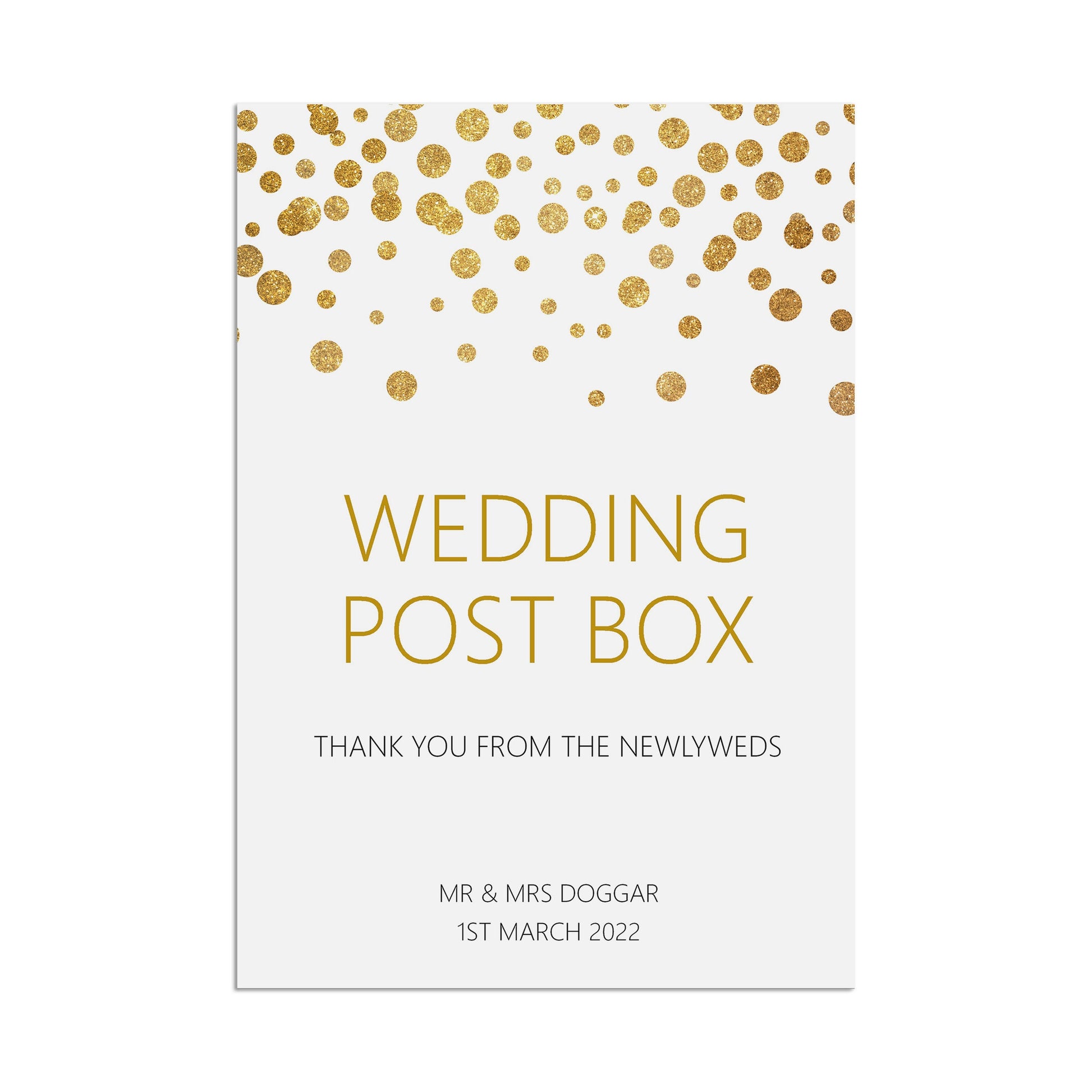 Wedding Post Box Sign, Personalised Gold Effect A5, A5 Or A3