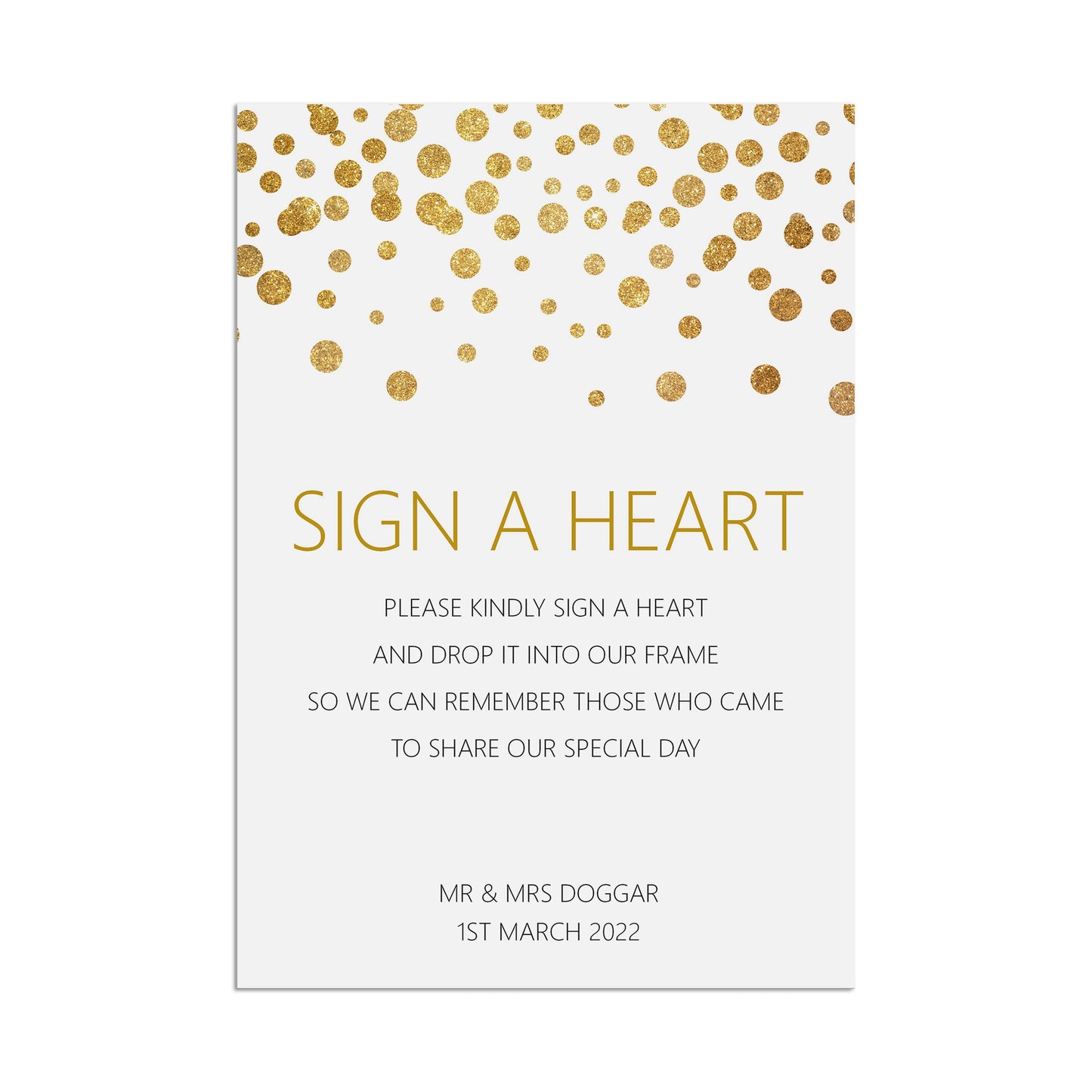 Sign A Heart Wedding Sign, Personalised Gold Effect A5, A5 Or A3