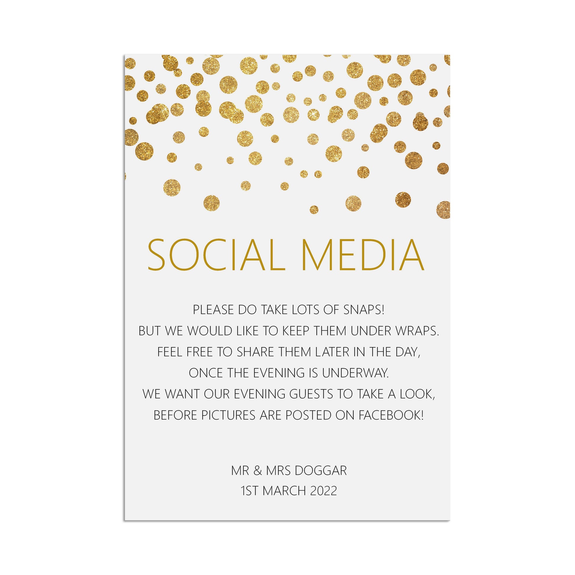 Social Media Wedding Sign, Personalised Gold Effect A5, A5 Or A3