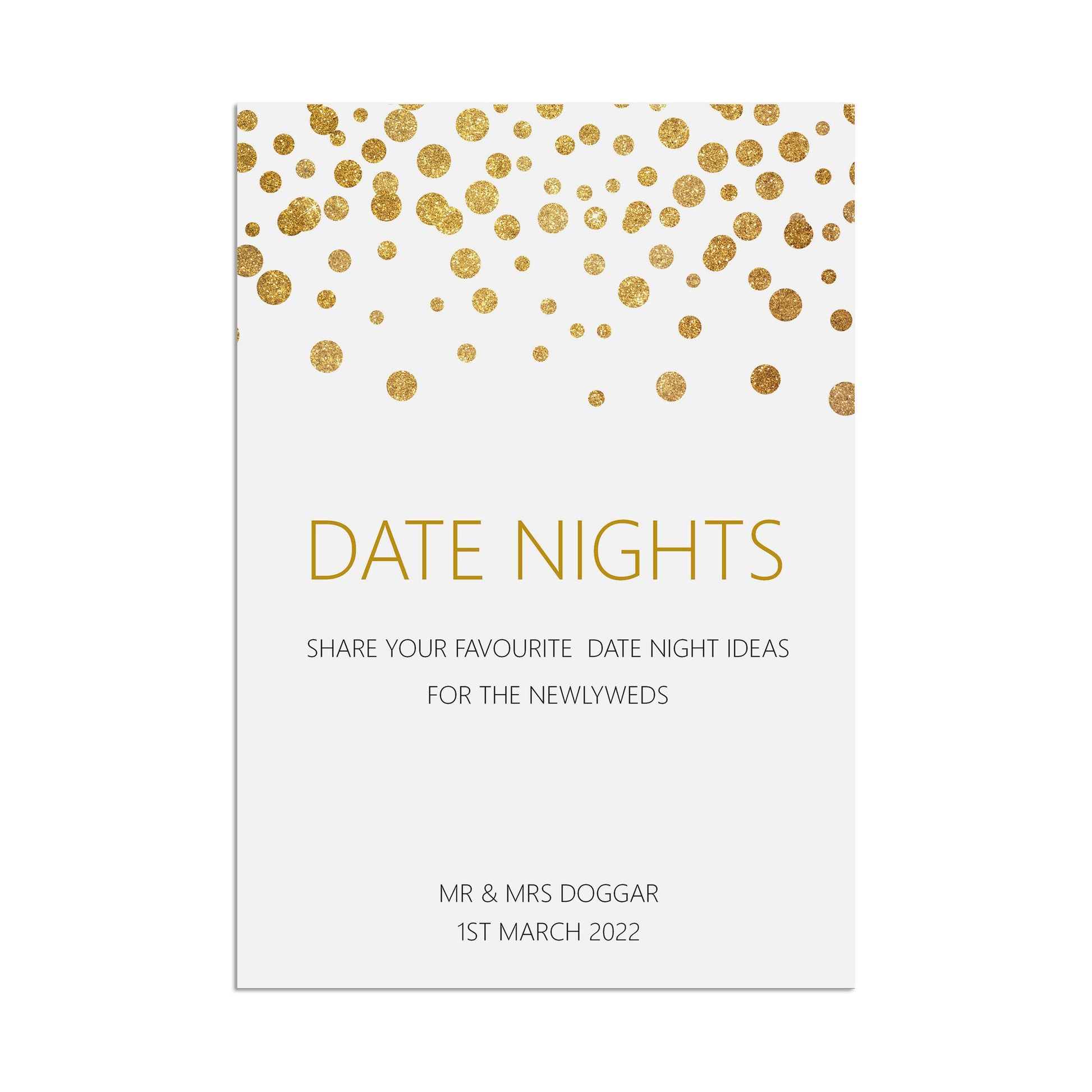 Date Night Ideas Wedding Sign, Personalised Gold Effect A5, A5 Or A3