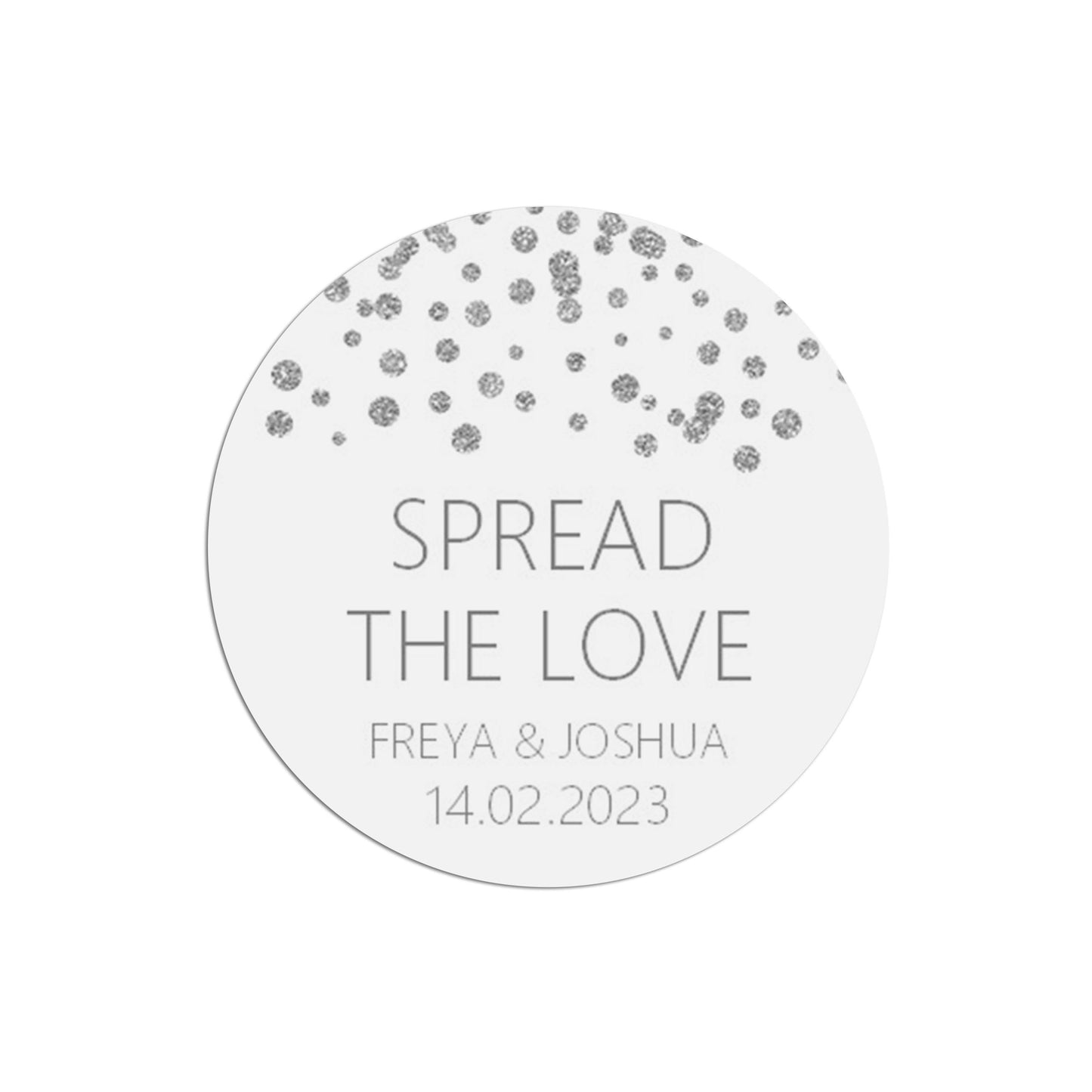 Spread The Love Wedding Stickers, Silver Effect 37mm Round x 35 Stickers Per Sheet, Personalised At Bottom