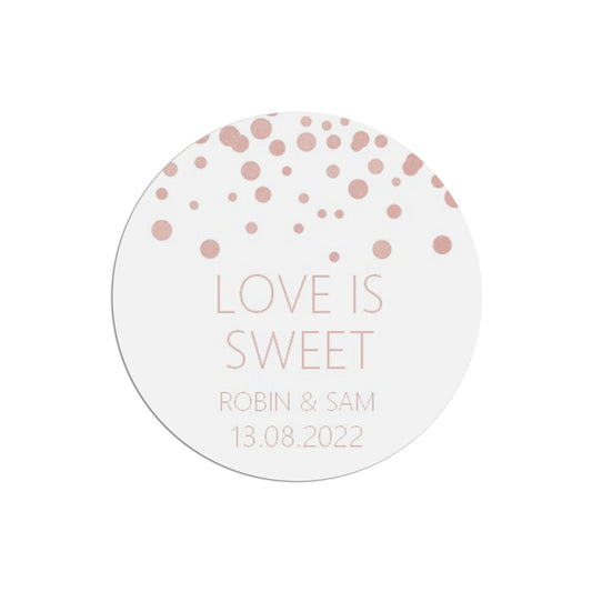 Love Is Sweet Wedding Stickers, Blush Confetti 37mm Round Personalised x 35 Stickers Per Sheet