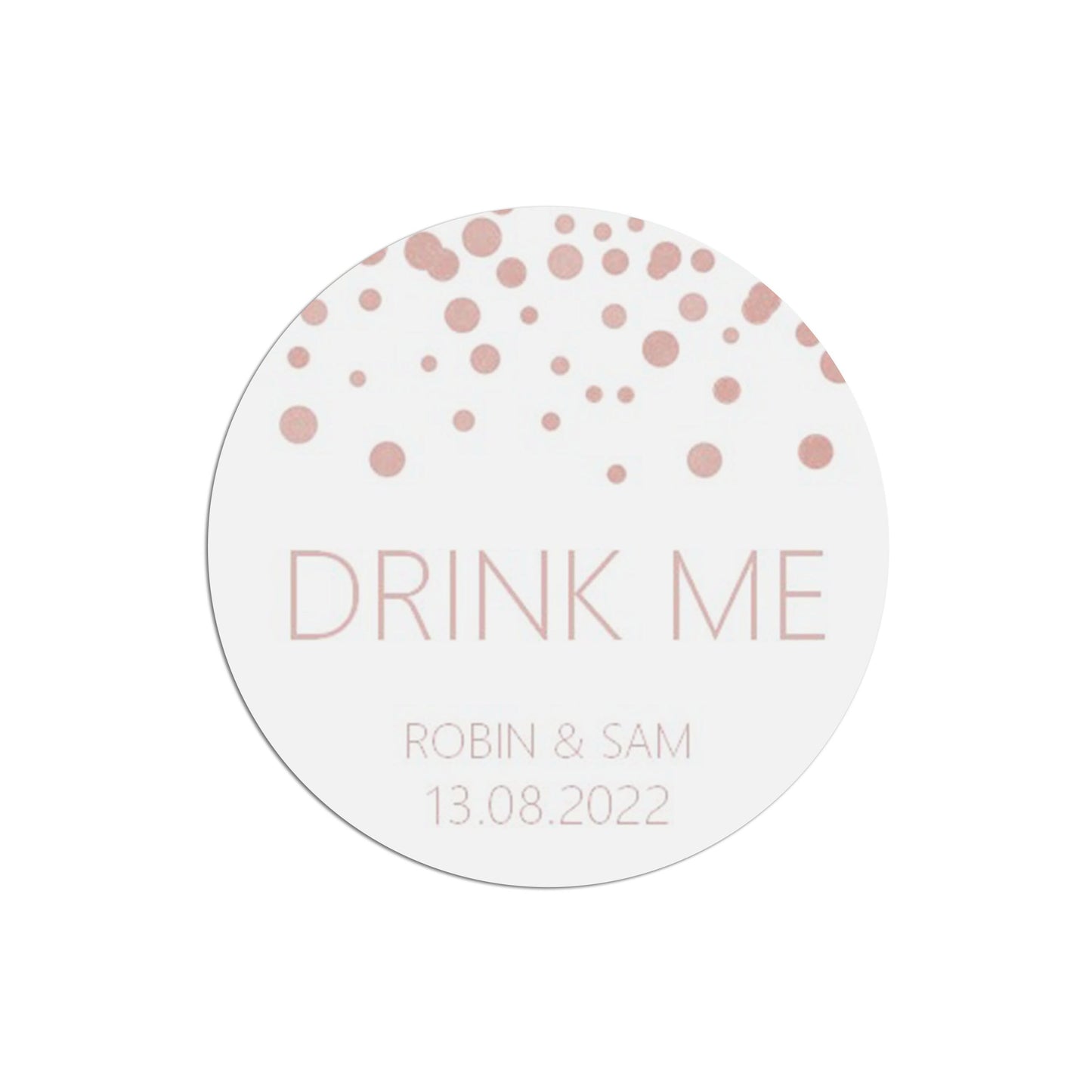 Drink Me Wedding Stickers, Blush Confetti 37mm Round Personalised x 35 Stickers Per Sheet