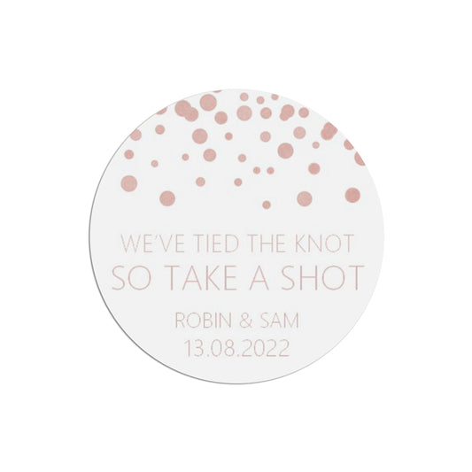 Take A Shot Wedding Stickers, Blush Confetti 37mm Round Personalised x 35 Stickers Per Sheet