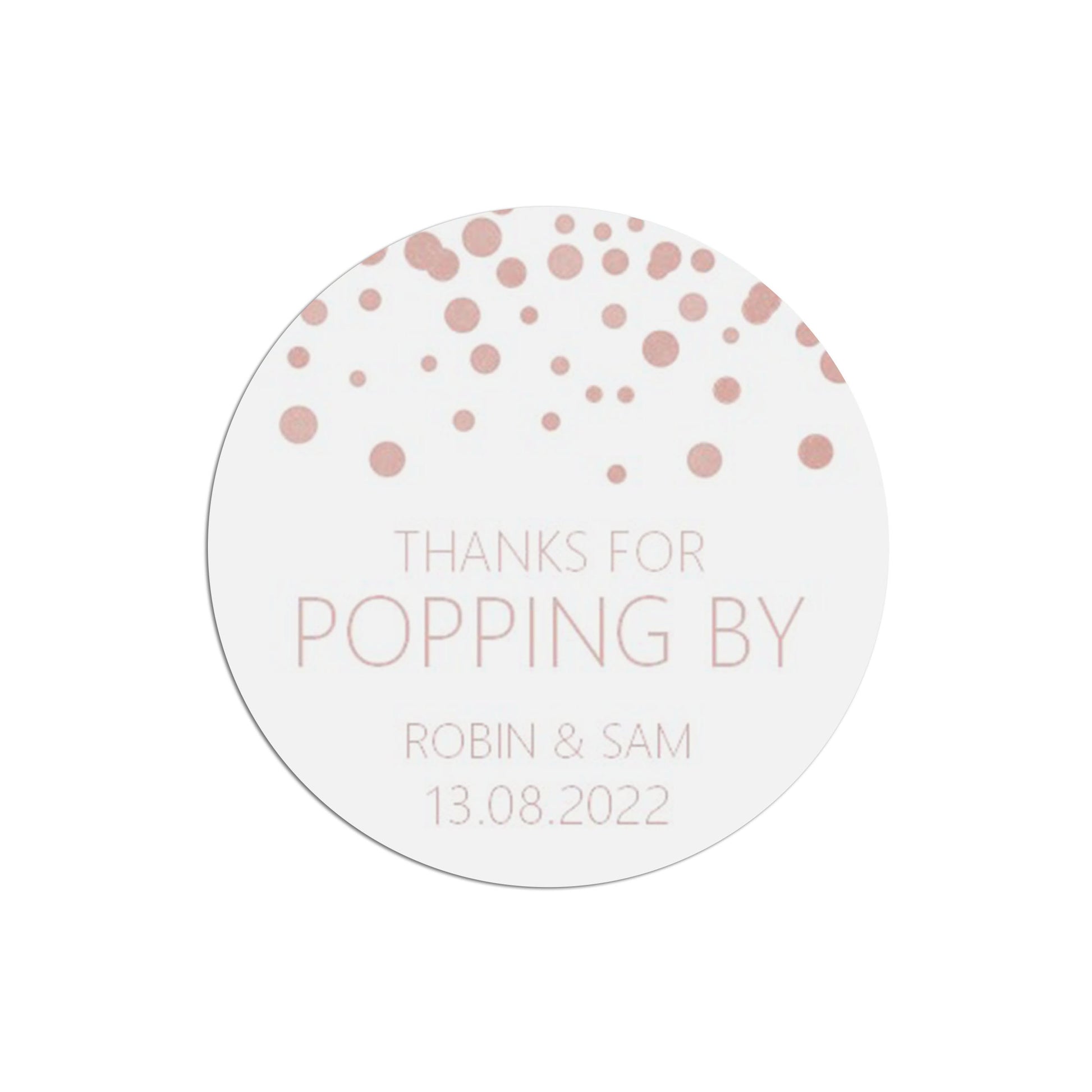 Thanks For Popping By Wedding Stickers, Blush Confetti 37mm Round Personalised x 35 Stickers Per Sheet