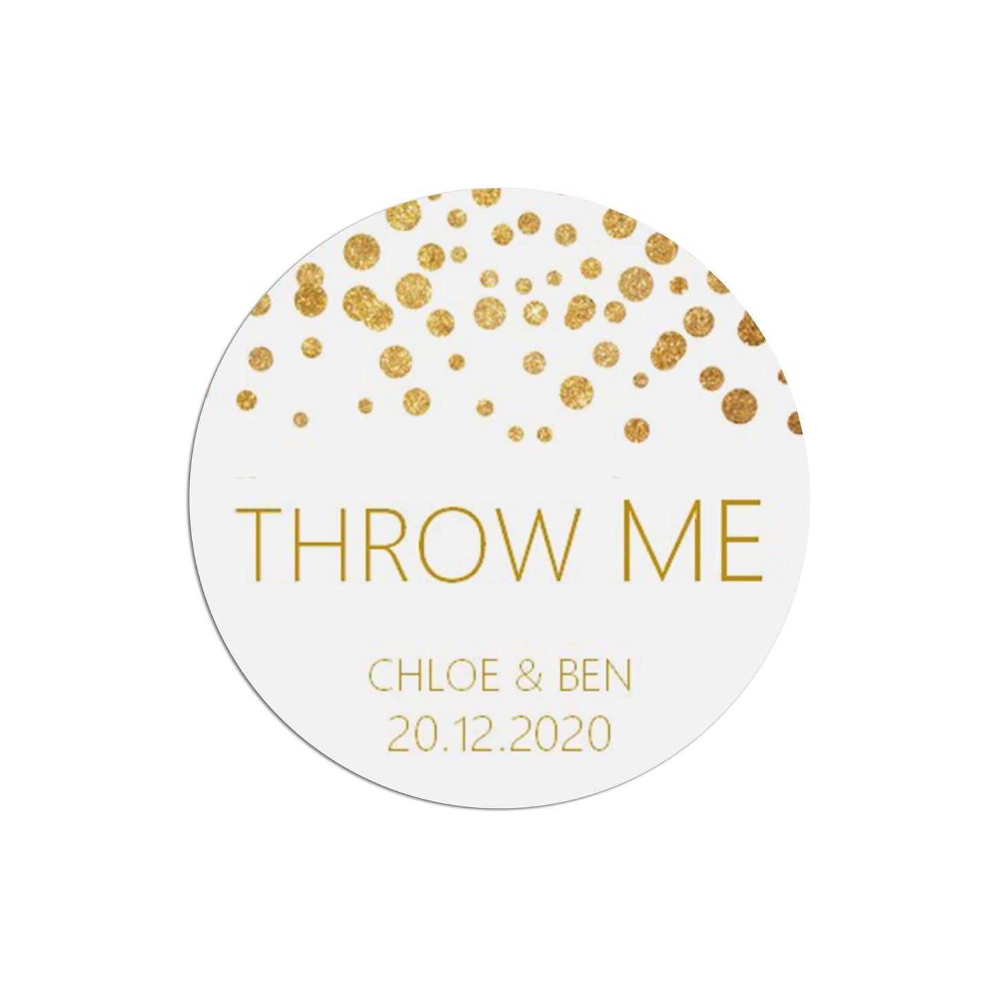 Throw Me Wedding Stickers, Gold Effect 37mm Round Personalised x 35 Stickers Per Sheet