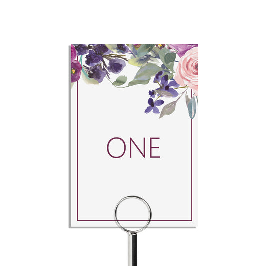 Purple Floral Table Number Cards - Numbers 1-15 & Top Table