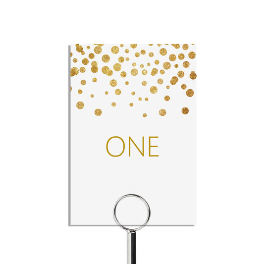 Gold Confetti Table Number Cards - Numbers 1-15 & Top Table