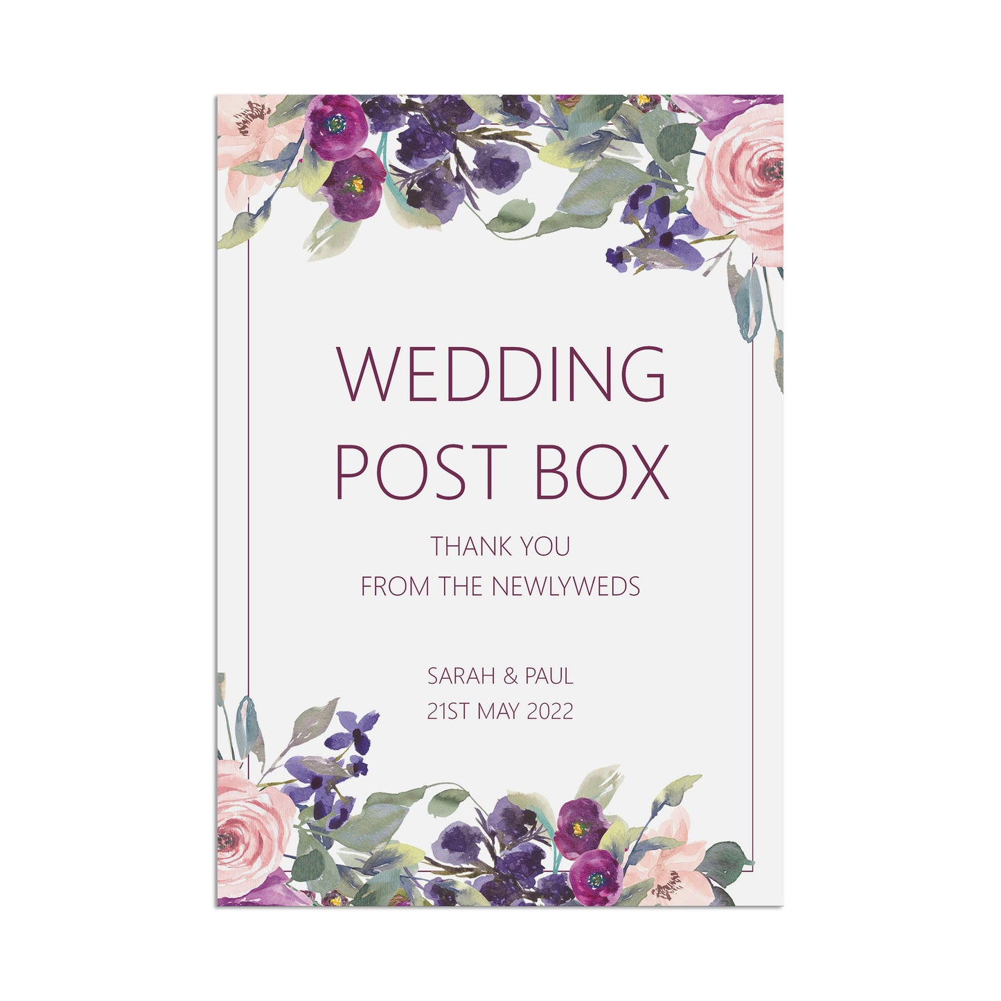 Wedding Post Box Sign Purple Floral Personalised A5, A4 Or A3