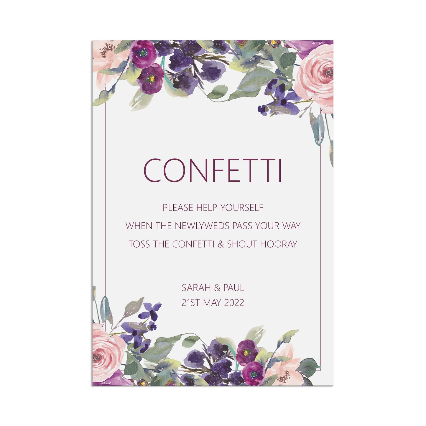 Confetti Wedding Sign Purple Floral Personalised A5, A4 Or A3