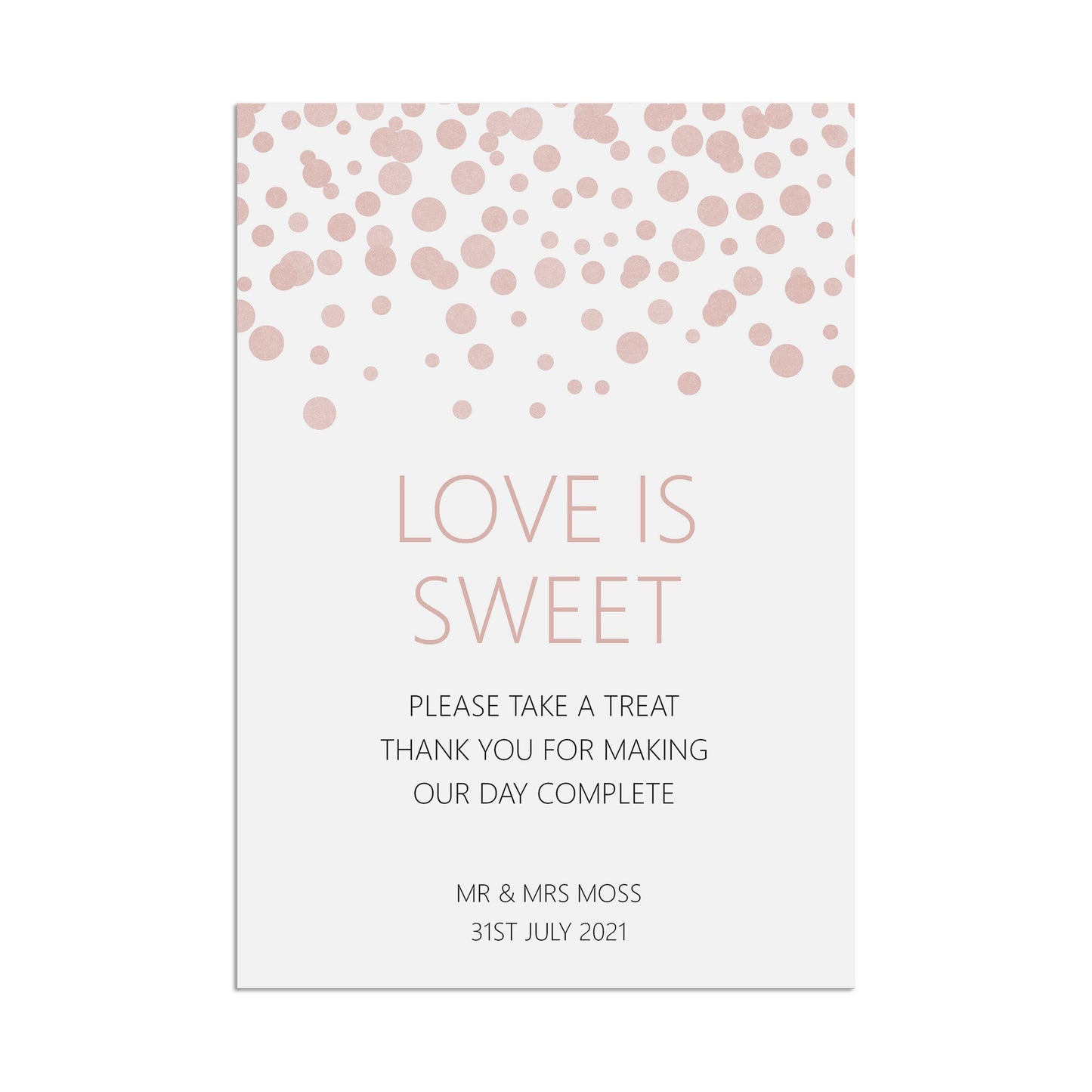 Love Is Sweet Wedding Sign, Blush Confetti Personalised A5, A4, Or A3