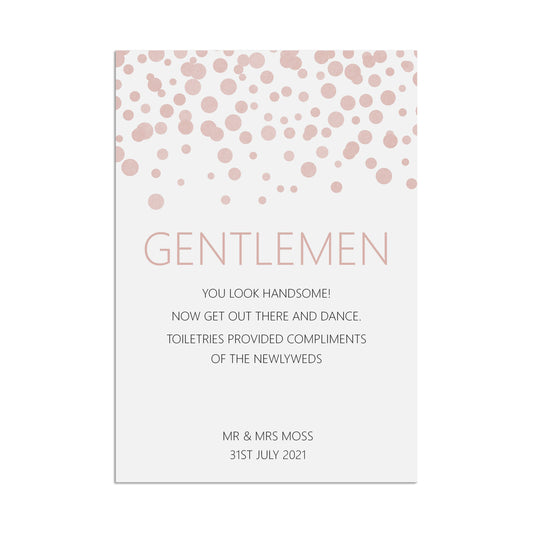 Gentlemen Toiletries Wedding Sign, Blush Confetti Personalised A5, A4, Or A3