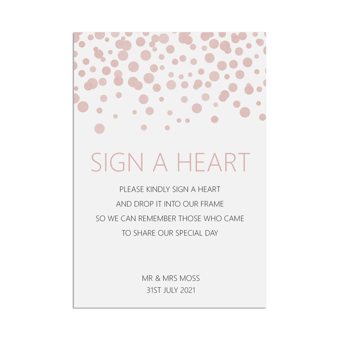 Sign A Heart Wedding Sign, Blush Confetti Personalised A5, A4, Or A3