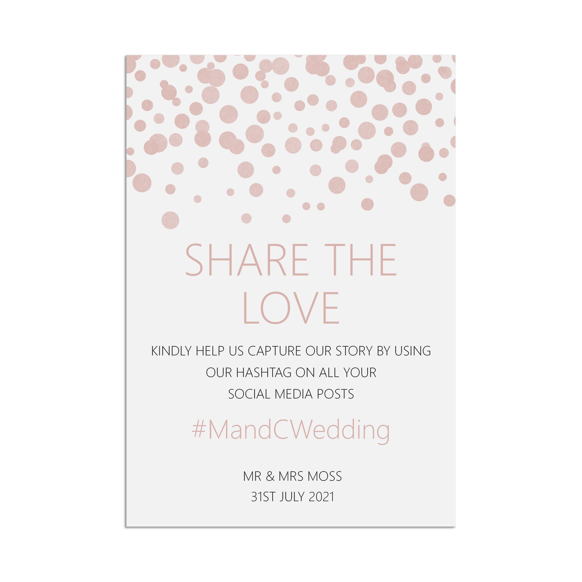 Social Media Hashtag Wedding Sign, Blush Confetti Personalised A5, A4, Or A3