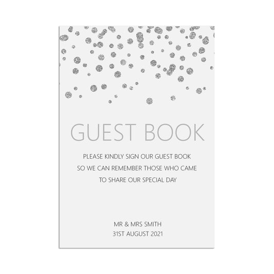 Guest Book Wedding Sign, Silver Effect Personalised & Printed A5, A4 Or A3