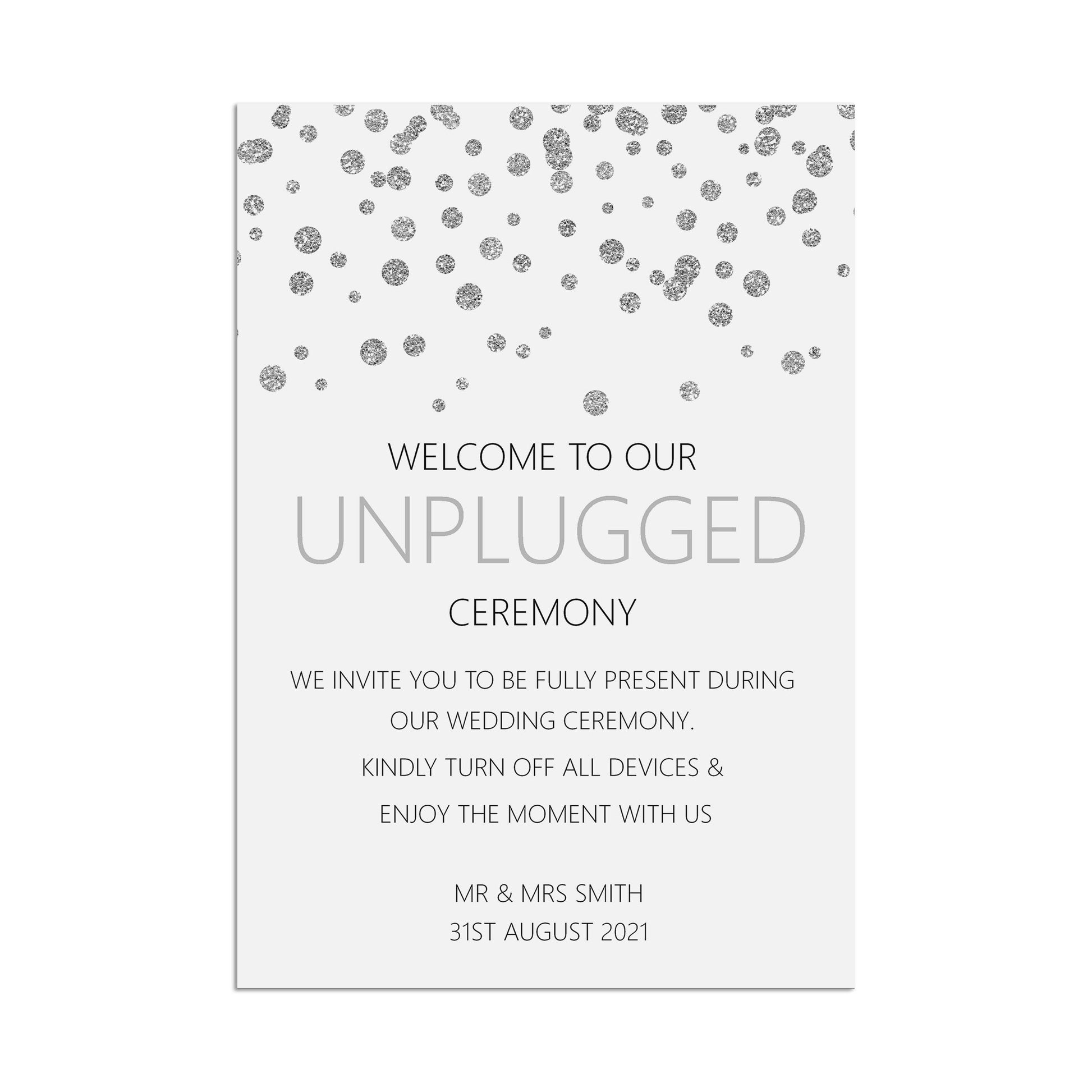 Unplugged Wedding Ceremony Sign, Silver Effect Personalised & Printed A5, A4 Or A3