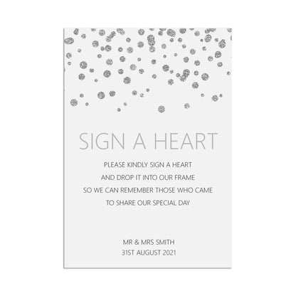 Sign A Heart Wedding Sign, Silver Effect Personalised & Printed A5, A4 Or A3