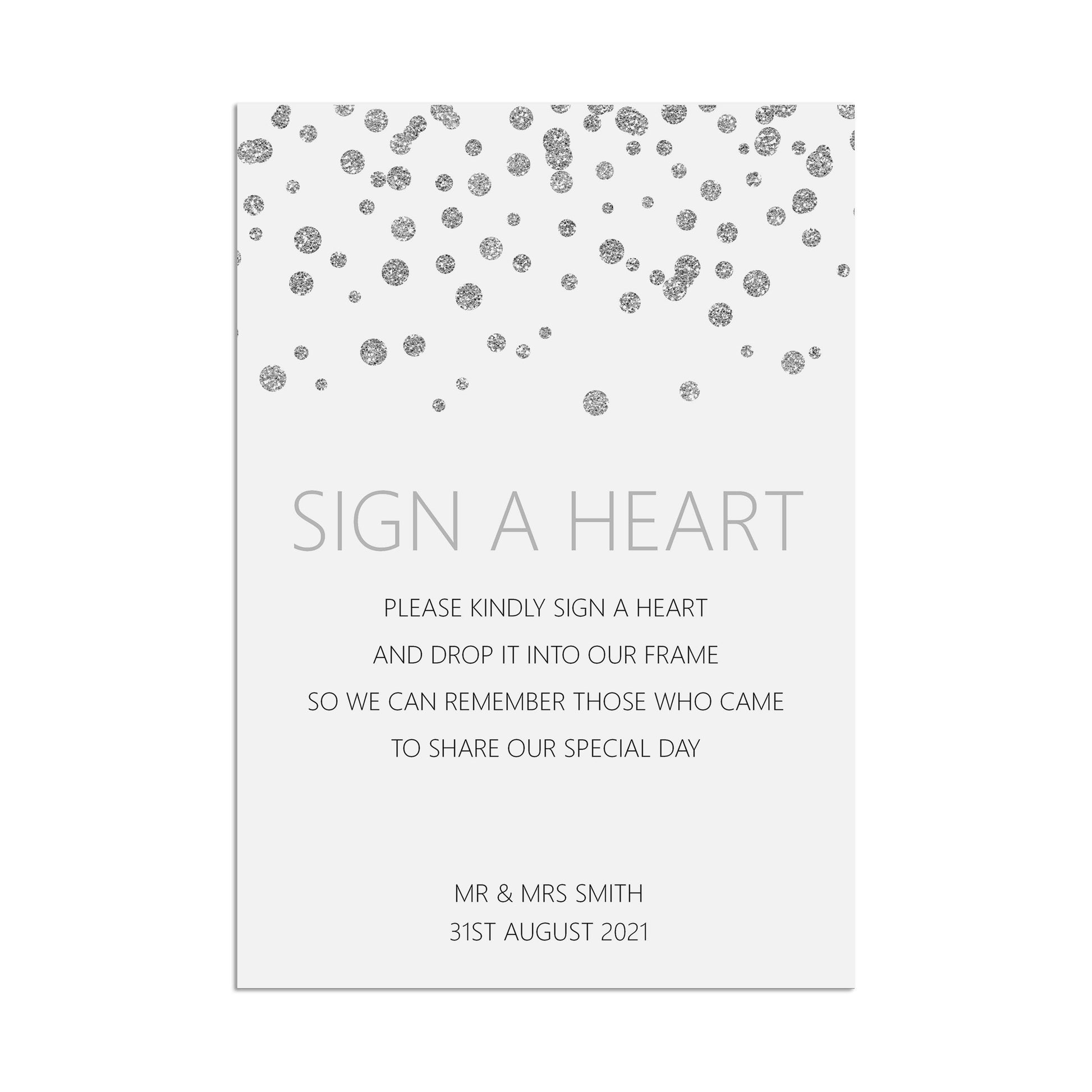 Sign A Heart Wedding Sign, Silver Effect Personalised & Printed A5, A4 Or A3