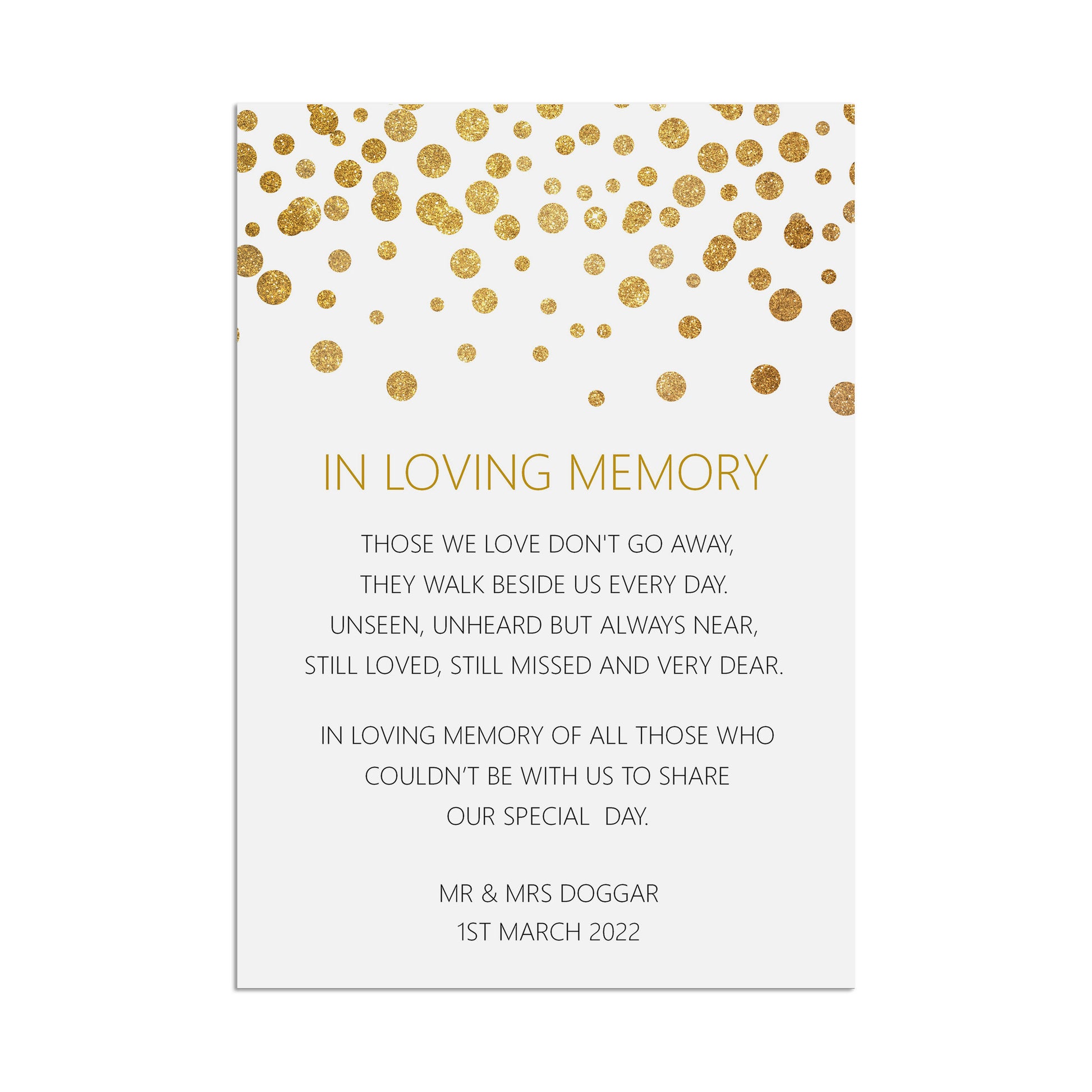 In loving memory, Remembrance Wedding Sign, Personalised Gold Effect A5, A5 Or A3