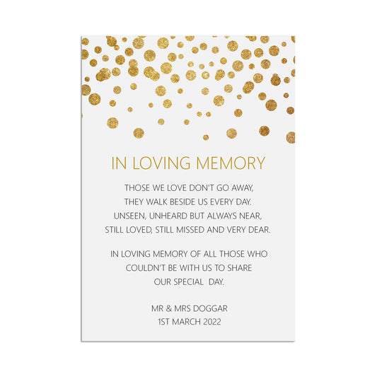 In loving memory, Remembrance Wedding Sign, Personalised Gold Effect A5, A5 Or A3