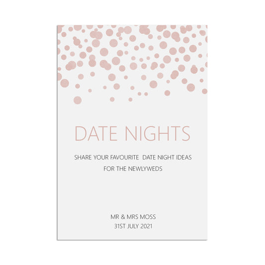Date Night Ideas Wedding Sign, Blush Confetti Personalised A5, A4, Or A3