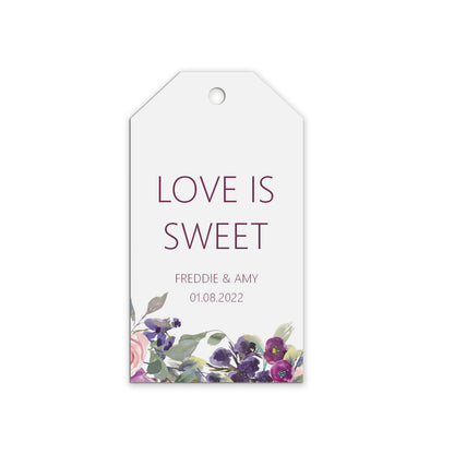 Love Is Sweet Wedding Gift Tags, Purple Floral Personalised Pack Of 10