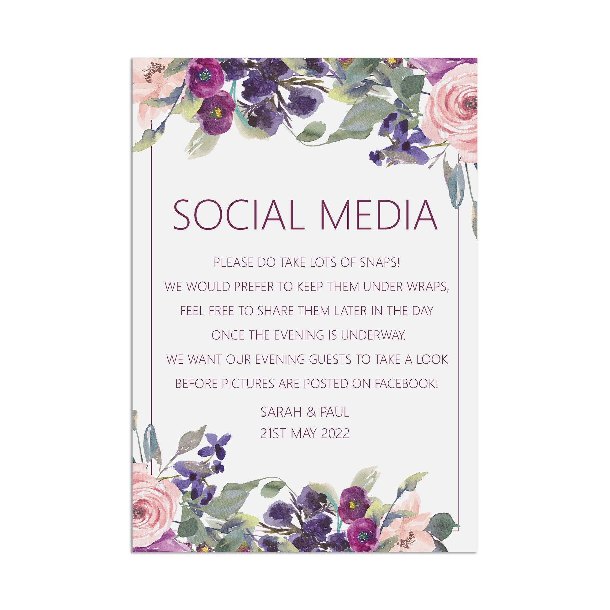 Social Media Wedding Sign Purple Floral Personalised A5, A4 Or A3