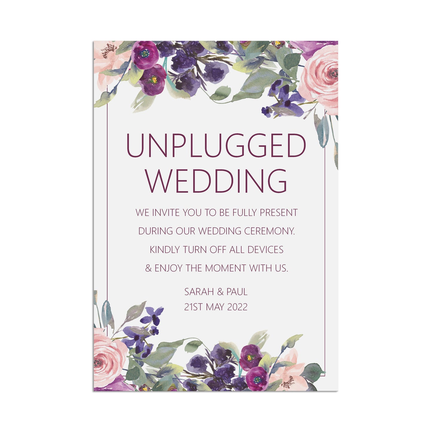 Unplugged Wedding Ceremony Sign Purple Floral Personalised A5, A4 Or A3