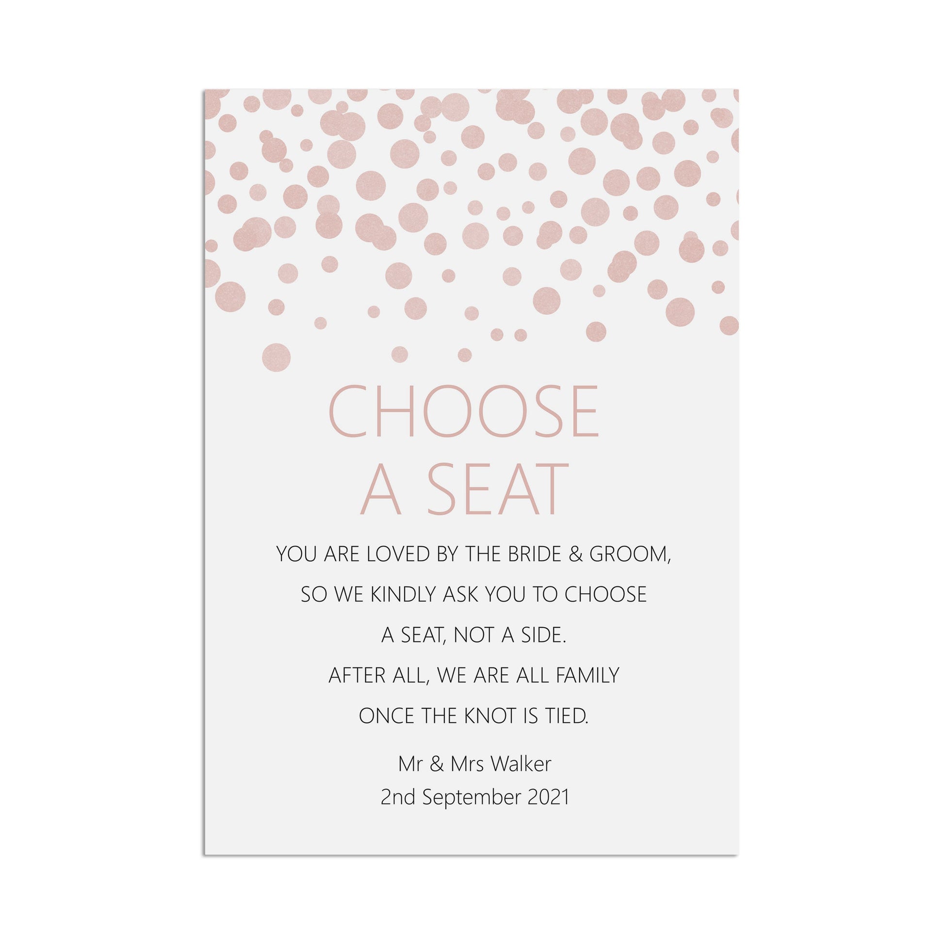 Choose A Seat Ceremony Wedding Sign, Blush Confetti Personalised A5, A4, Or A3