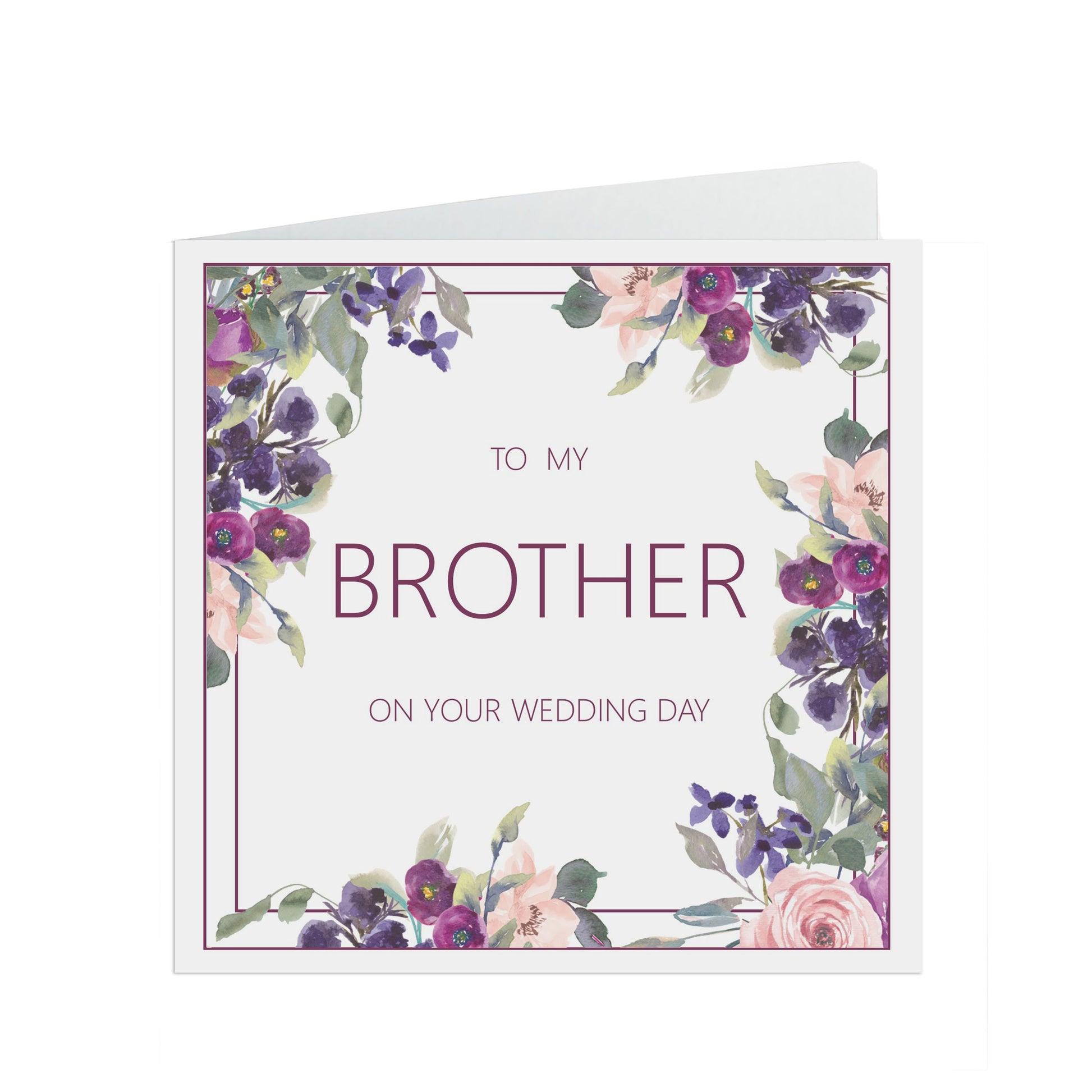 Brother Wedding Day Card, Purple Floral 6x6 Inches With A Kraft Envelope